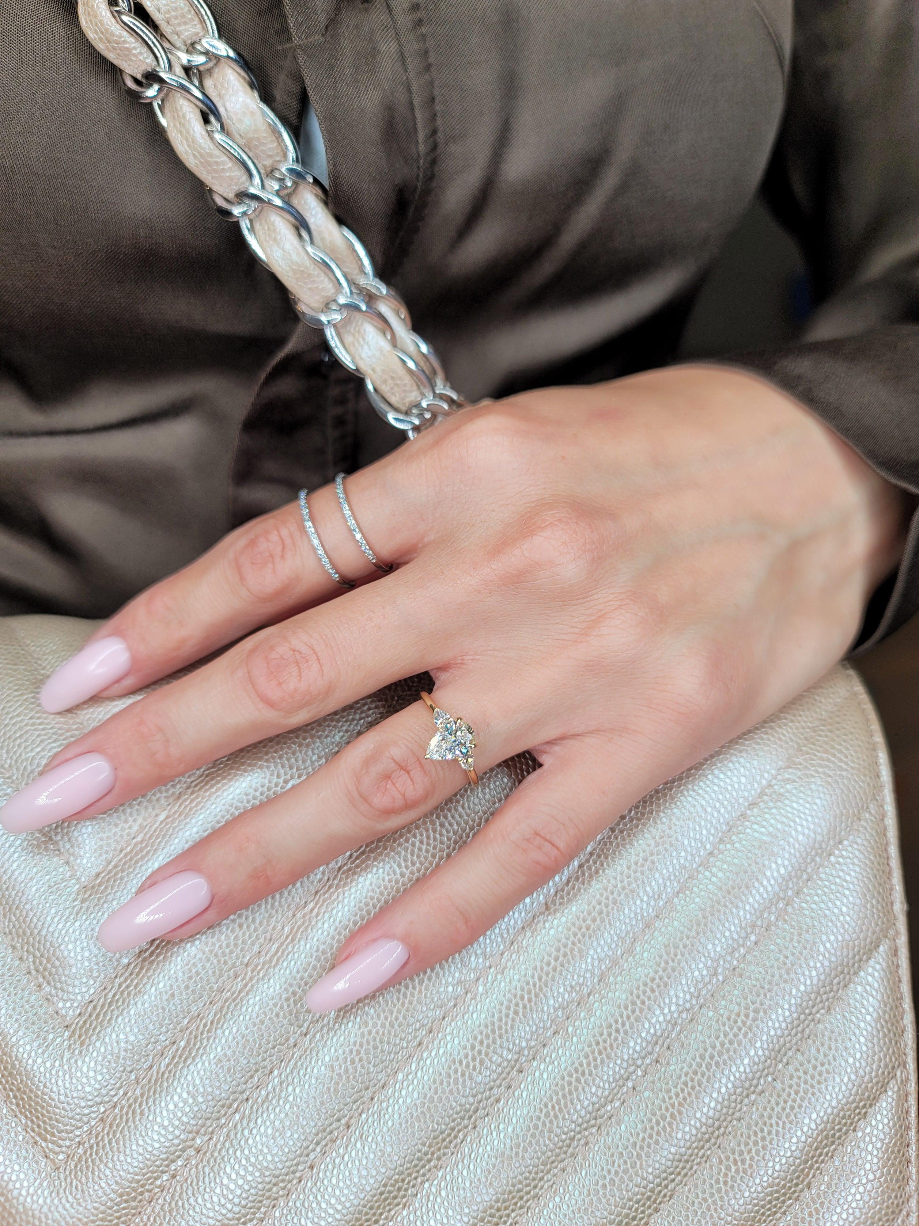 1.28 Carats Lab Grown Pear Shape with Pear Shape Side Stones Diamond Engagement Ring - Image 2