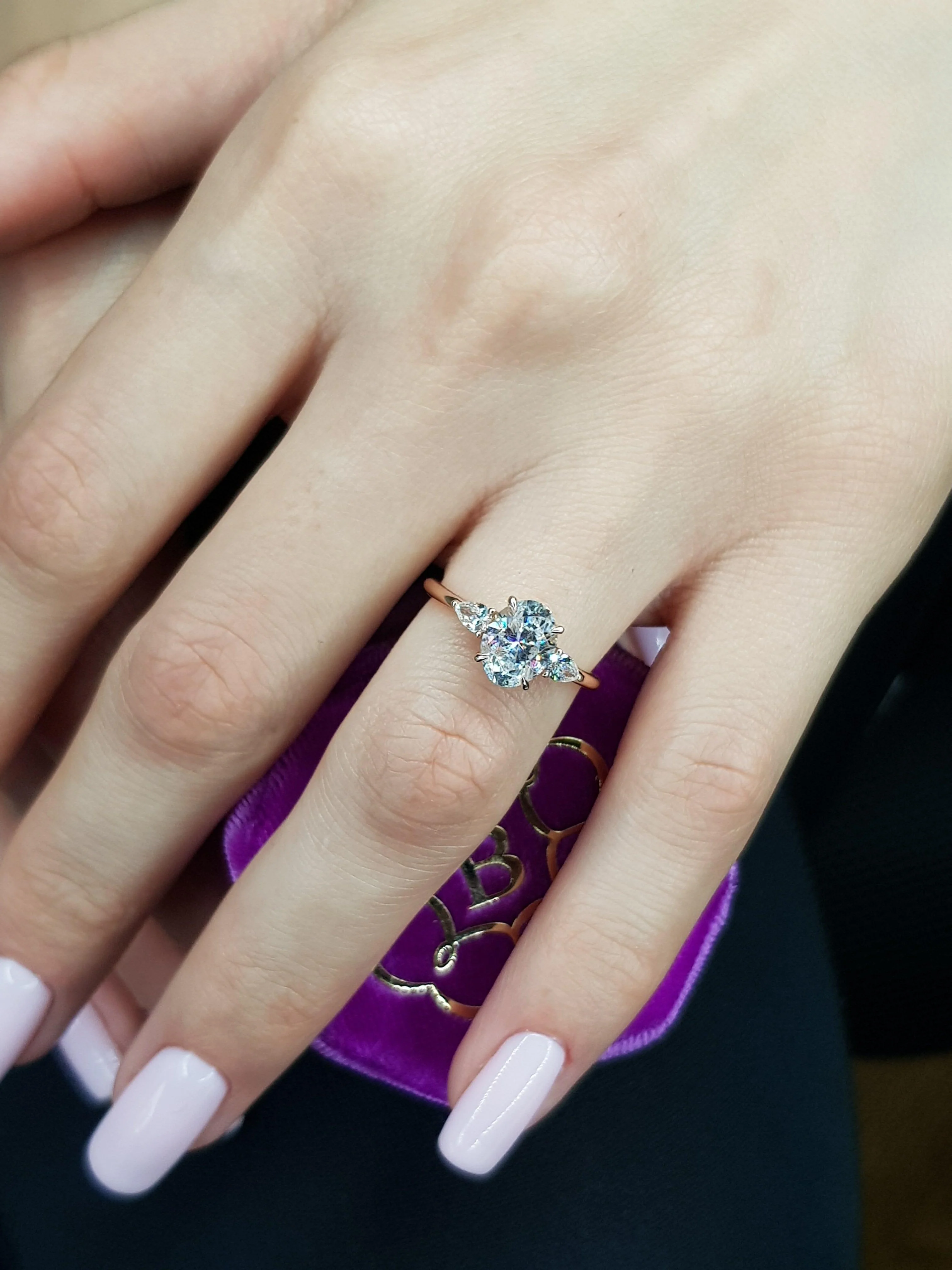 1.30 Carats Oval Cut with Pear Shape Side Stones Natural Diamond Engagement Ring in Rose Gold - Image 3