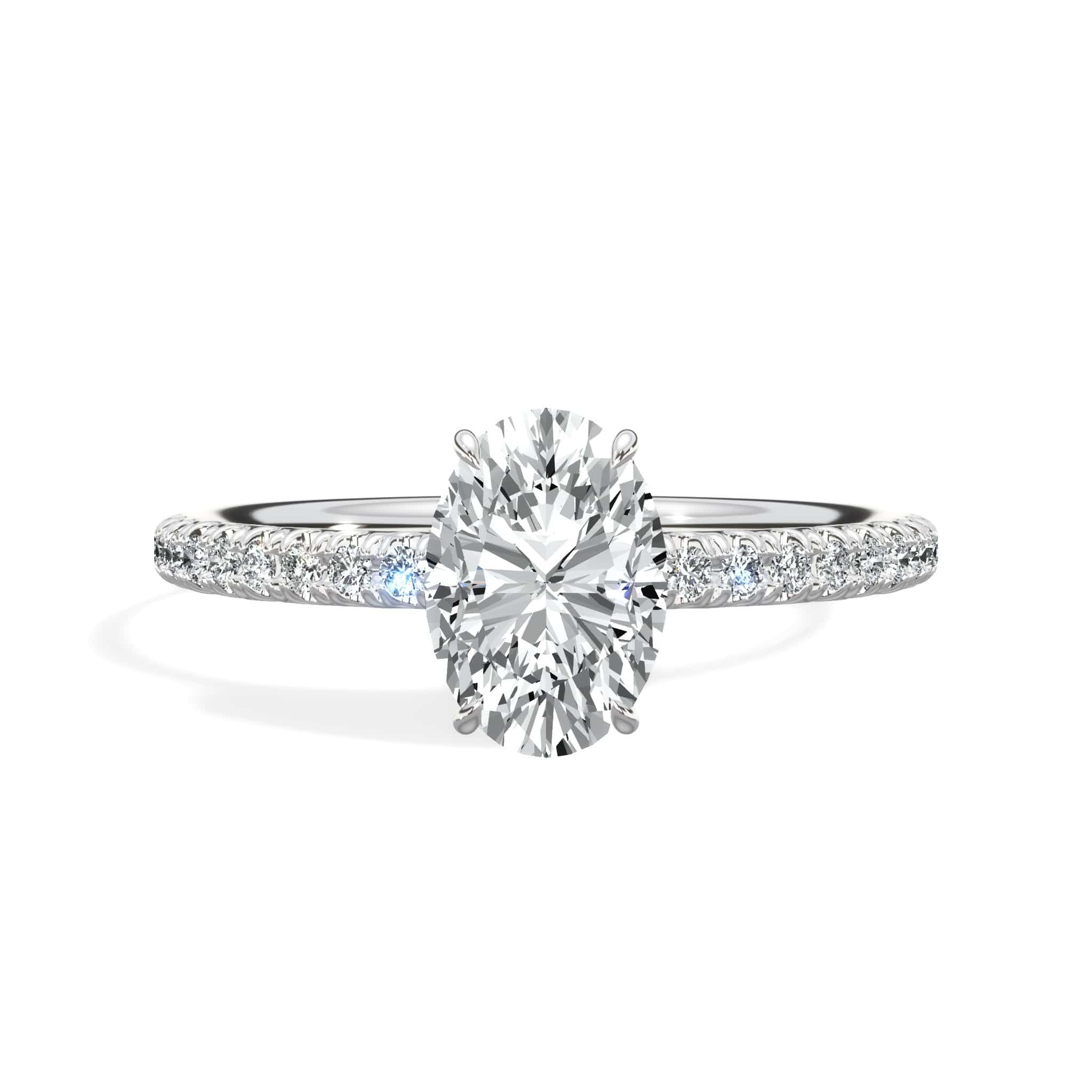 1.50 Carat Lab Grown Oval Cut Micropaved Side Stones Hidden Halo Diamond Engagement Ring