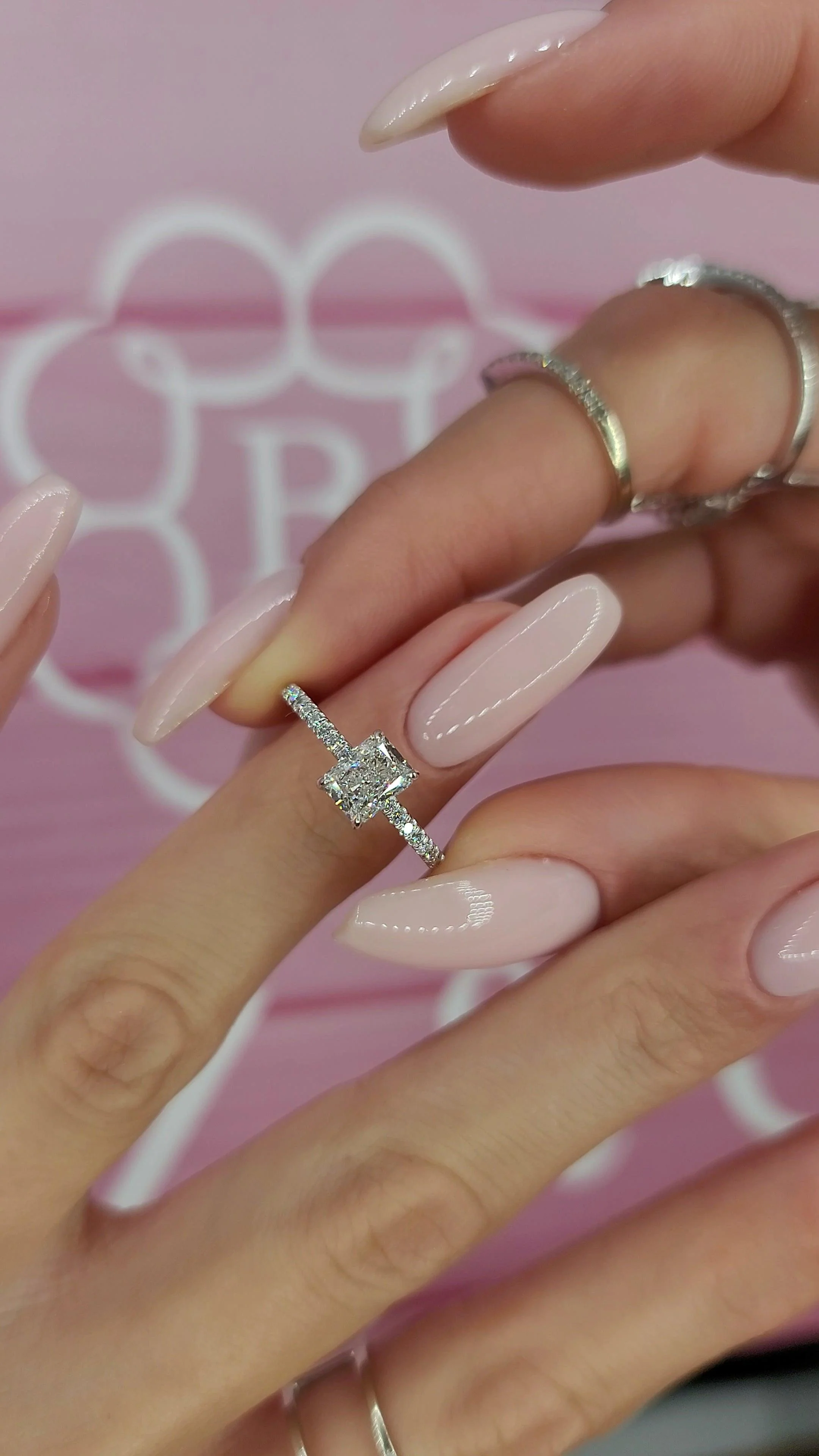1.50 Carats Lab Grown Radiant Cut Micropaved Side Stones Hidden Halo Diamond Engagement Ring - Image 3
