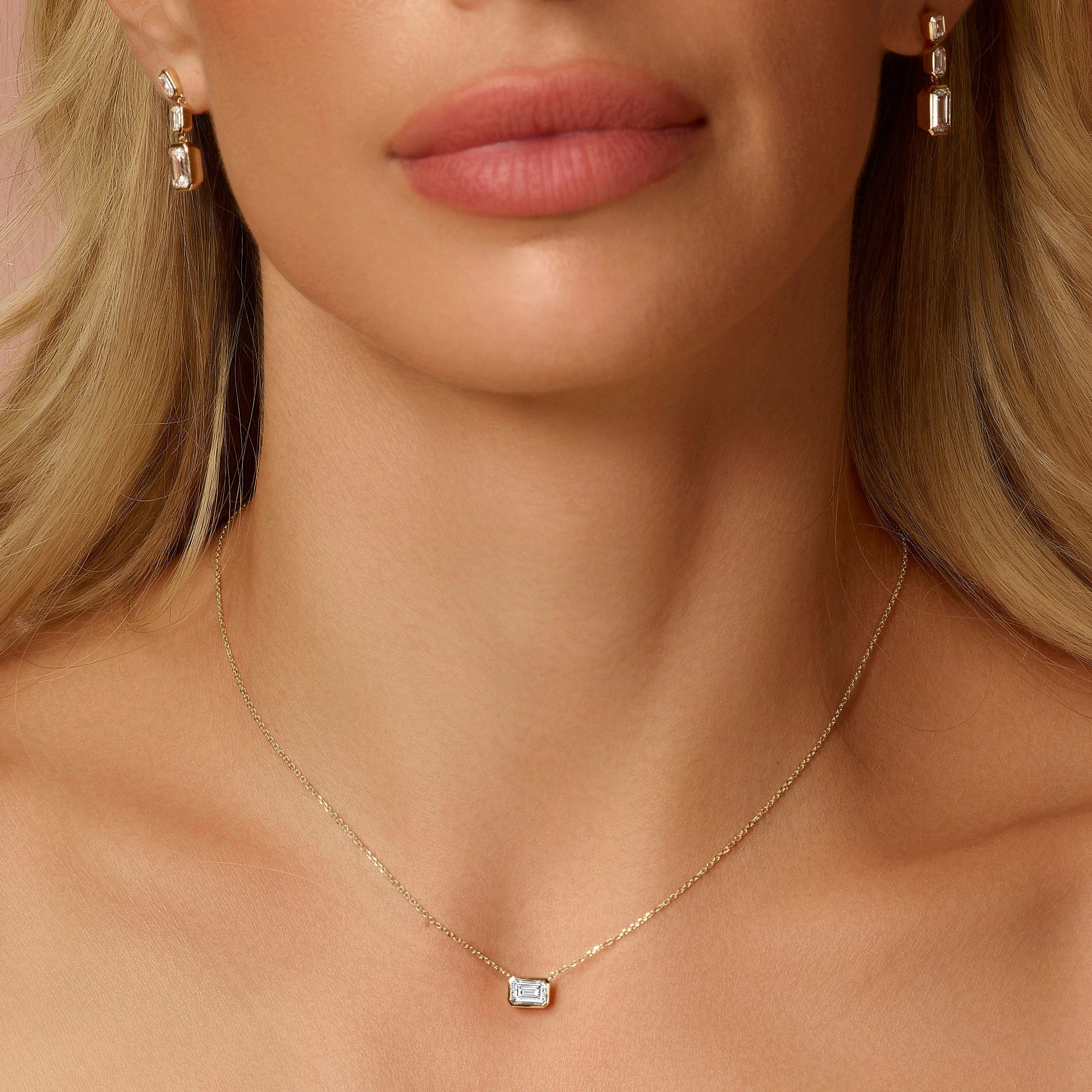 1 Carat Lab Grown Emerald Cut Bezel Set East-West Diamond Solitaire Pendant Necklace - Image 2