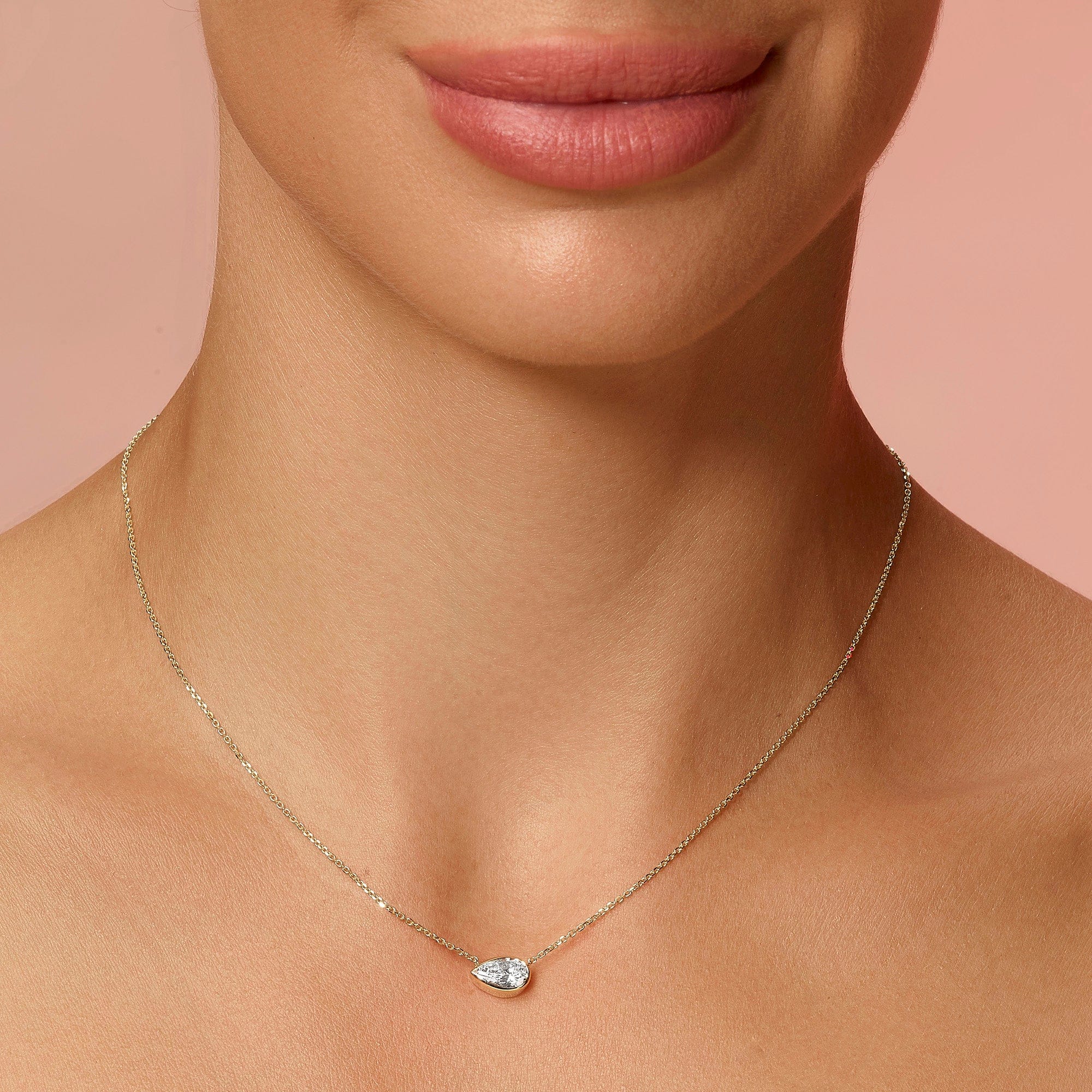 1 Carat Lab Grown Pear Shaped Bezel Set East-West Diamond Solitaire Pendant Necklace - Image 2