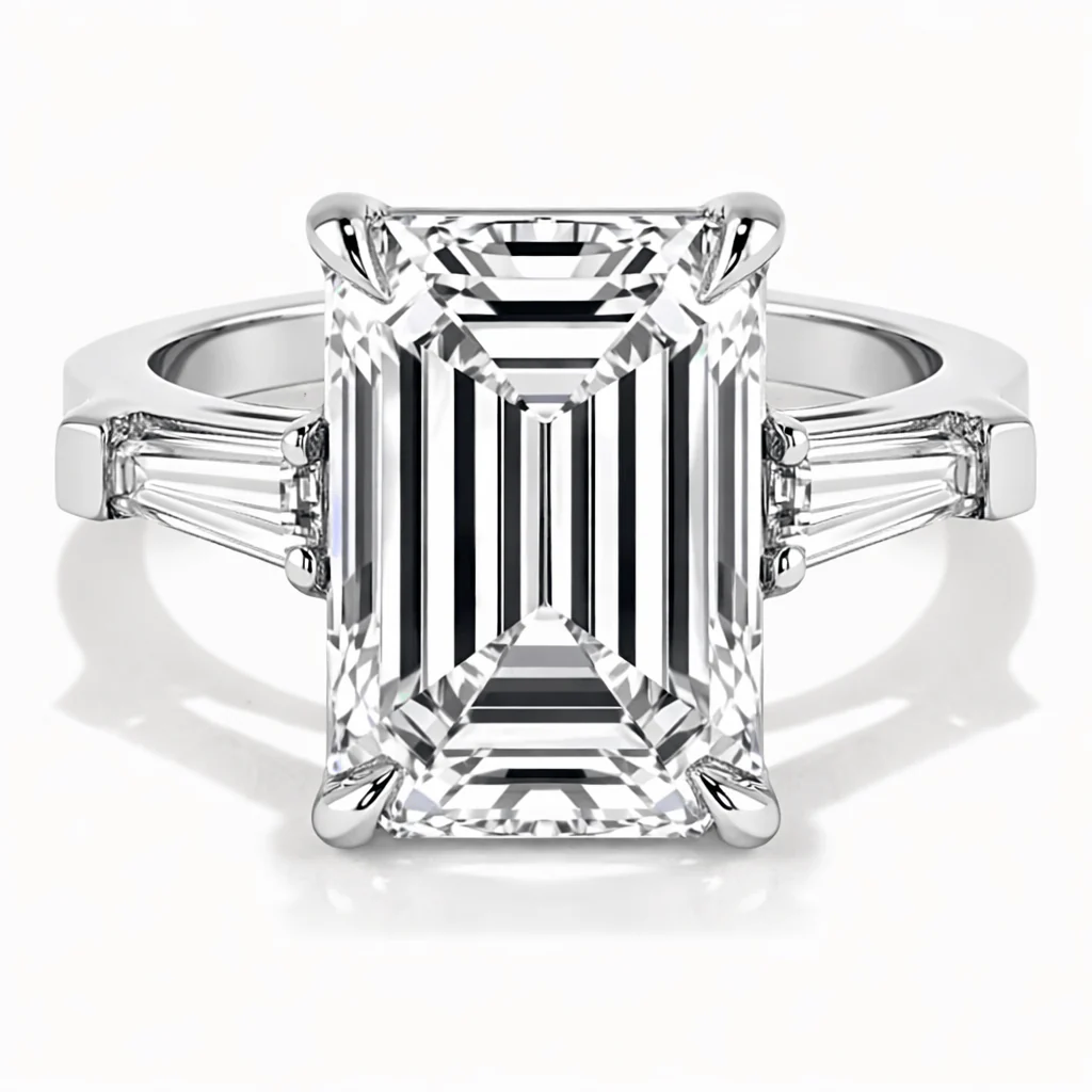 11.18 Carats Lab Grown Emerald Cut with Tapered Baguette Side Stones Diamond Engagement Ring