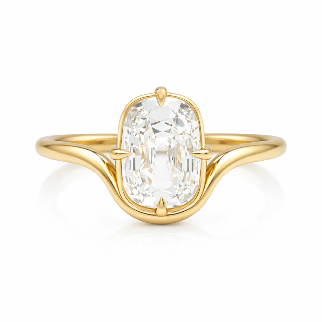 2.00 Carat Lab Grown Elongated Old Mine Cut Diamond Sinuous Solitaire Engagement Ring
