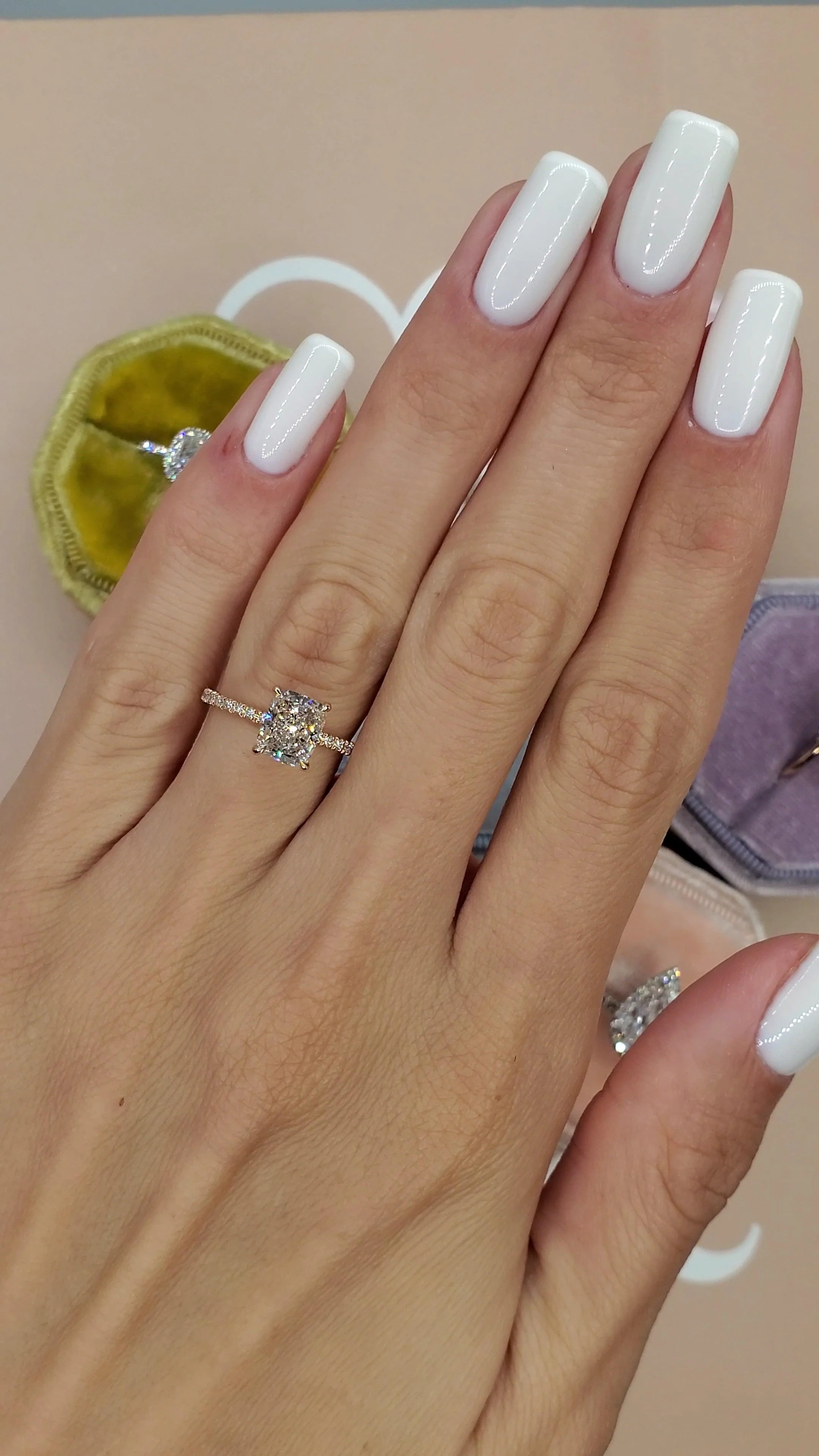 2.00 Carats Elongated Cushion Cut Micropave Side Stones Hidden Halo Diamond Engagement Ring - Image 3