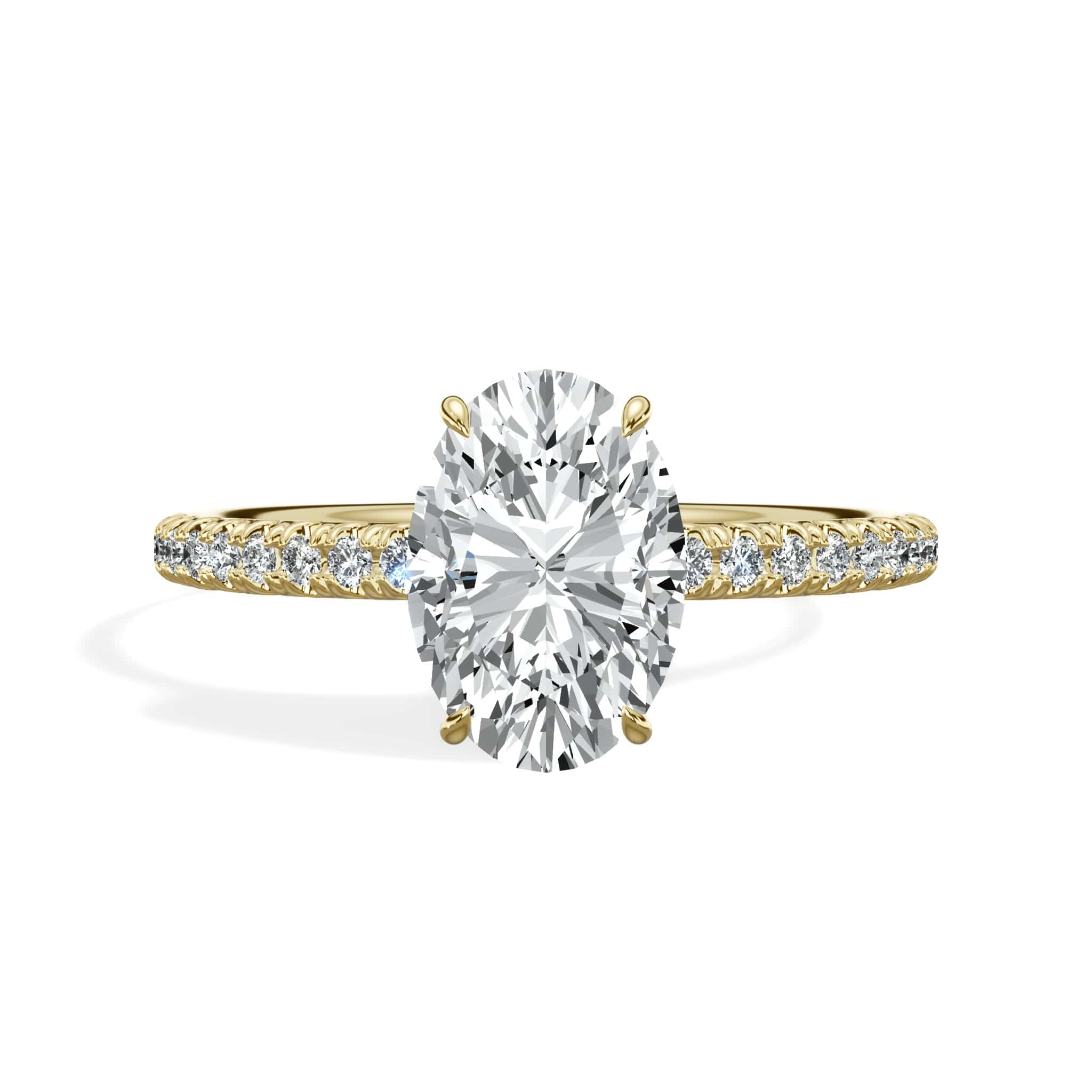 2.00 Carats Lab Grown Oval Cut Micropaved Side Stones Hidden Halo Diamond Engagement Ring Yellow Gold