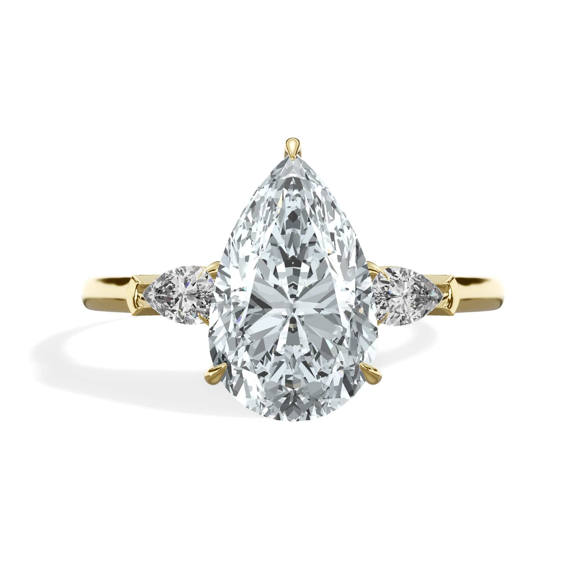 2.30 Carats Lab Grown Pear Shaped with Pear Shaped Side Stones Diamond Engagement Ring in Yellow Gold