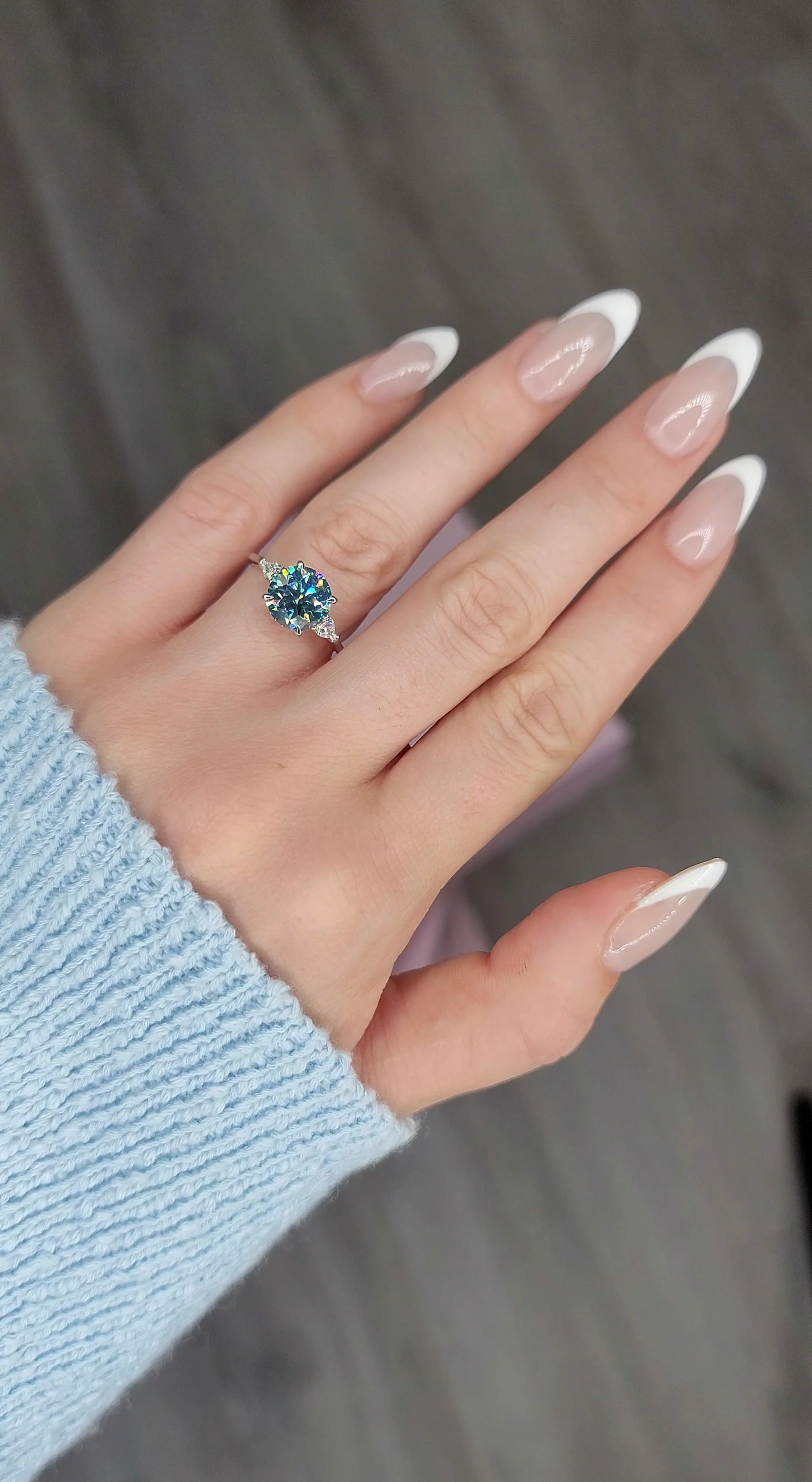 2.40 Carats Lab Grown Fancy Deep Blue Round Brilliant Cut with Pear Shape Side Stones Diamond Engagement Ring - Image 2