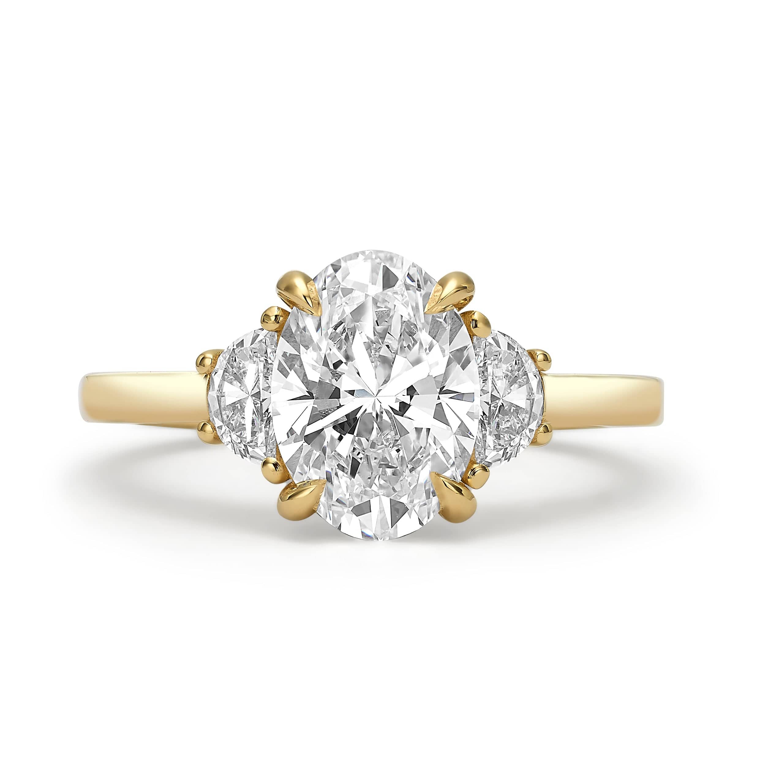 2.42 Carats Lab Grown Oval Cut with Half Moons Sides Three-Stone Diamond Engagement Ring