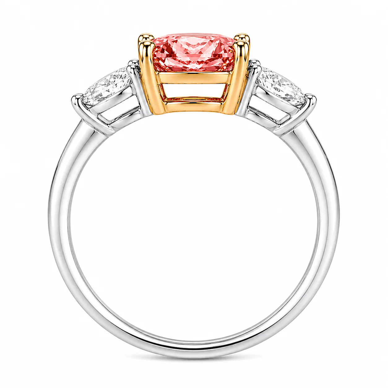 2.47 Carats Lab Grown Fancy Pink Cushion Cut with Half Moon Stones Diamond Engagement Ring - Image 3