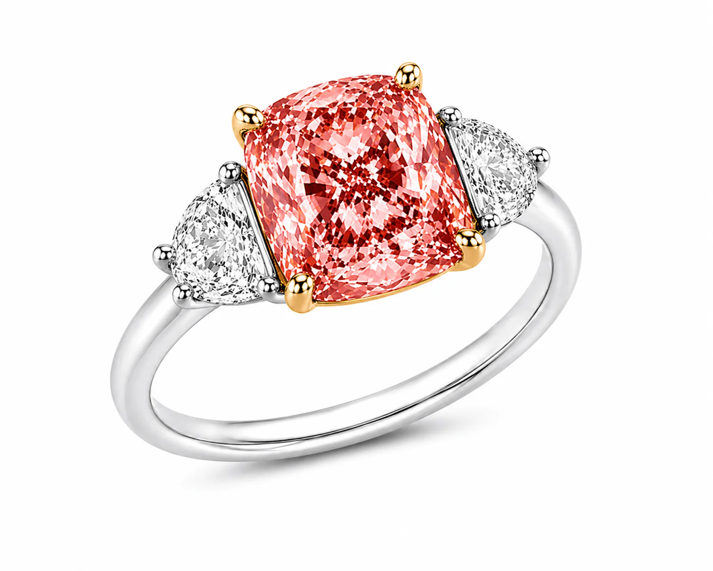 2.47 Carats Lab Grown Fancy Pink Cushion Cut with Half Moon Stones Diamond Engagement Ring - Image 5