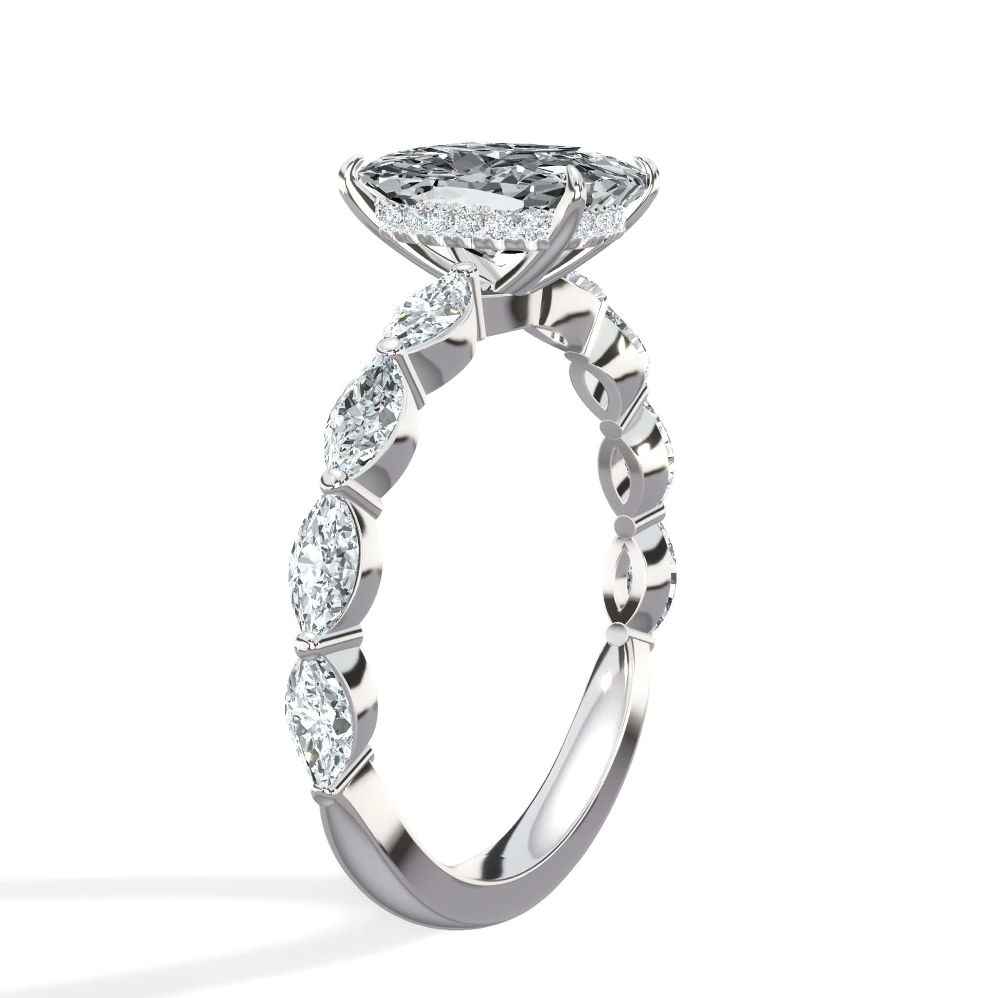 2.50 Carats Lab Grown Cushion Cut with Marquise Side Stones Hidden Halo Diamond Engagement Ring - Image 3