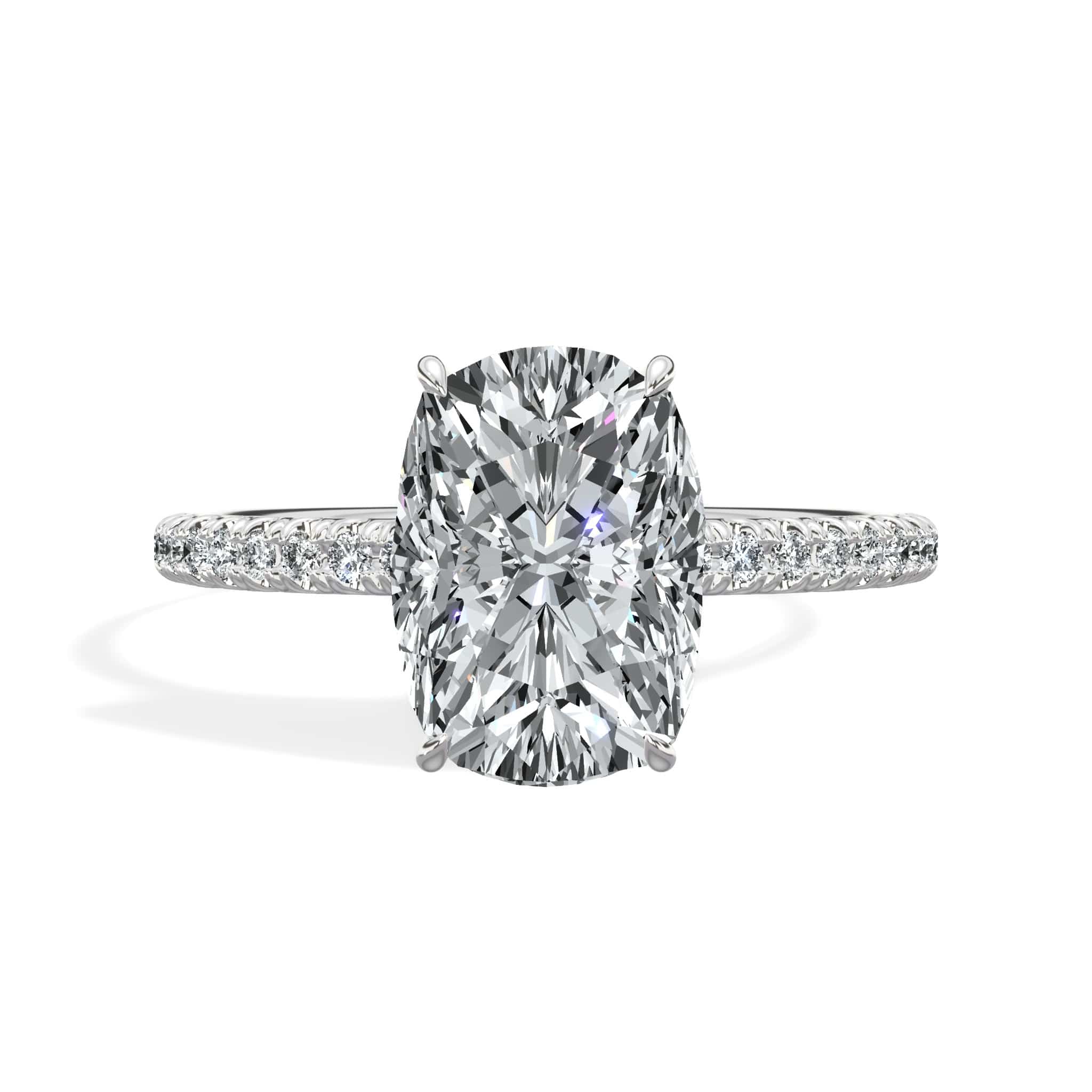2.50 Carats Lab Grown Elongated Cushion Cut Micropaved Side Stones Hidden Halo Diamond Engagement Ring