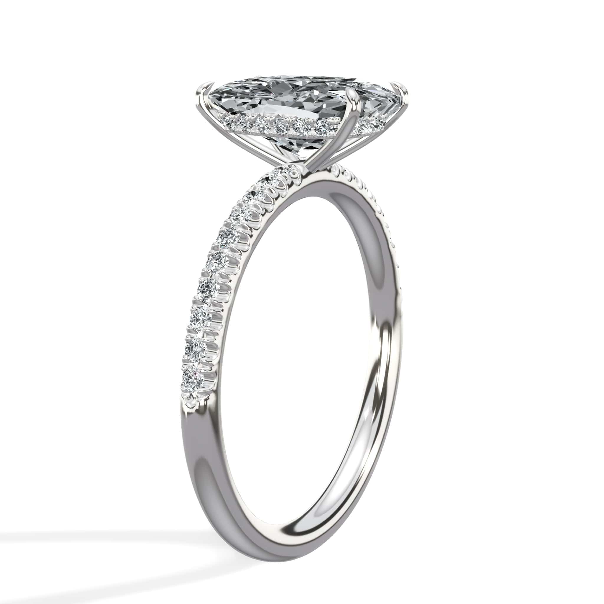 2.50 Carats Lab Grown Elongated Cushion Cut Micropaved Side Stones Hidden Halo Diamond Engagement Ring - Image 4