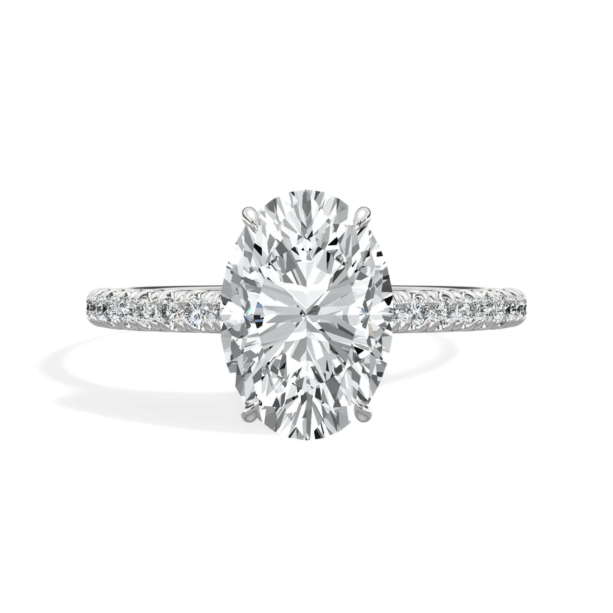 2.50 Carats Lab Grown Oval Cut Micropaved Side Stones Hidden Halo Diamond Engagement Ring
