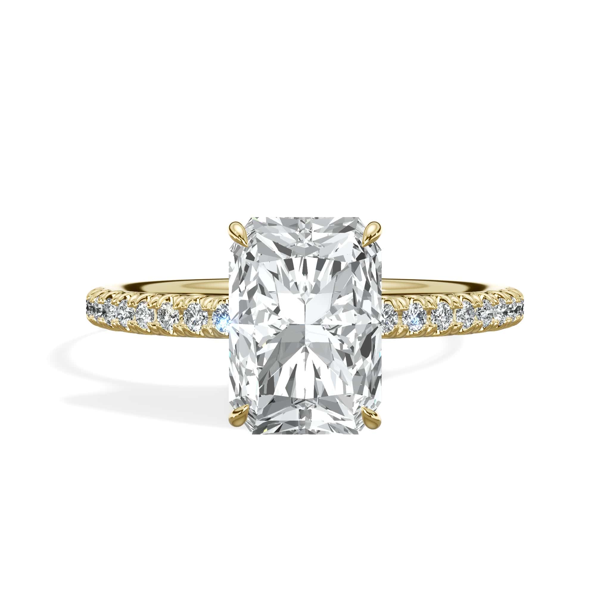 2.50 Carats Lab Grown Radiant Cut Side Stones Hidden Halo Diamond Engagement Ring Yellow Gold