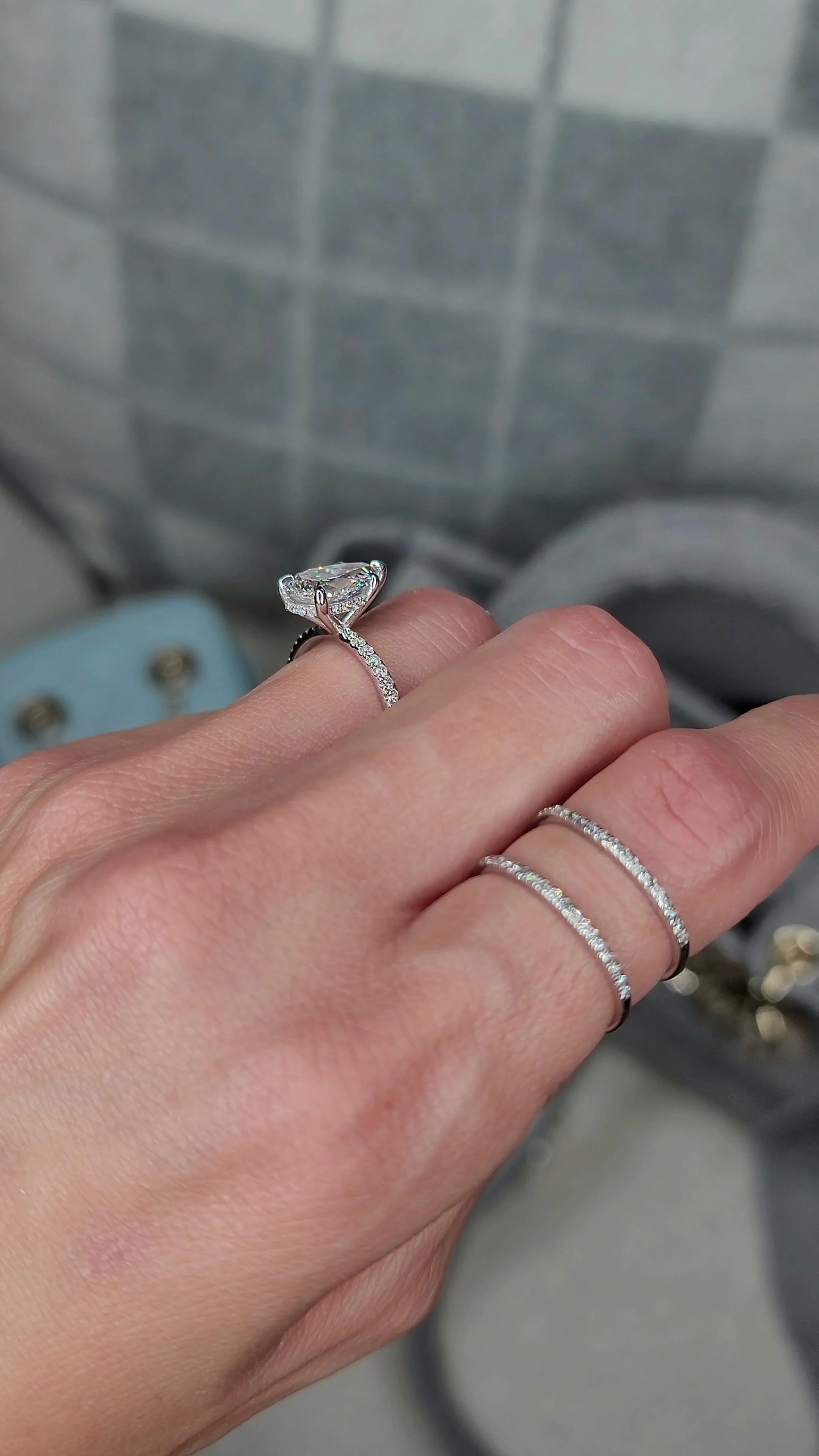 2.51 Carats Lab Grown Pear Shape Micropaved Side Stones Hidden Halo Diamond Engagement Ring - Image 3
