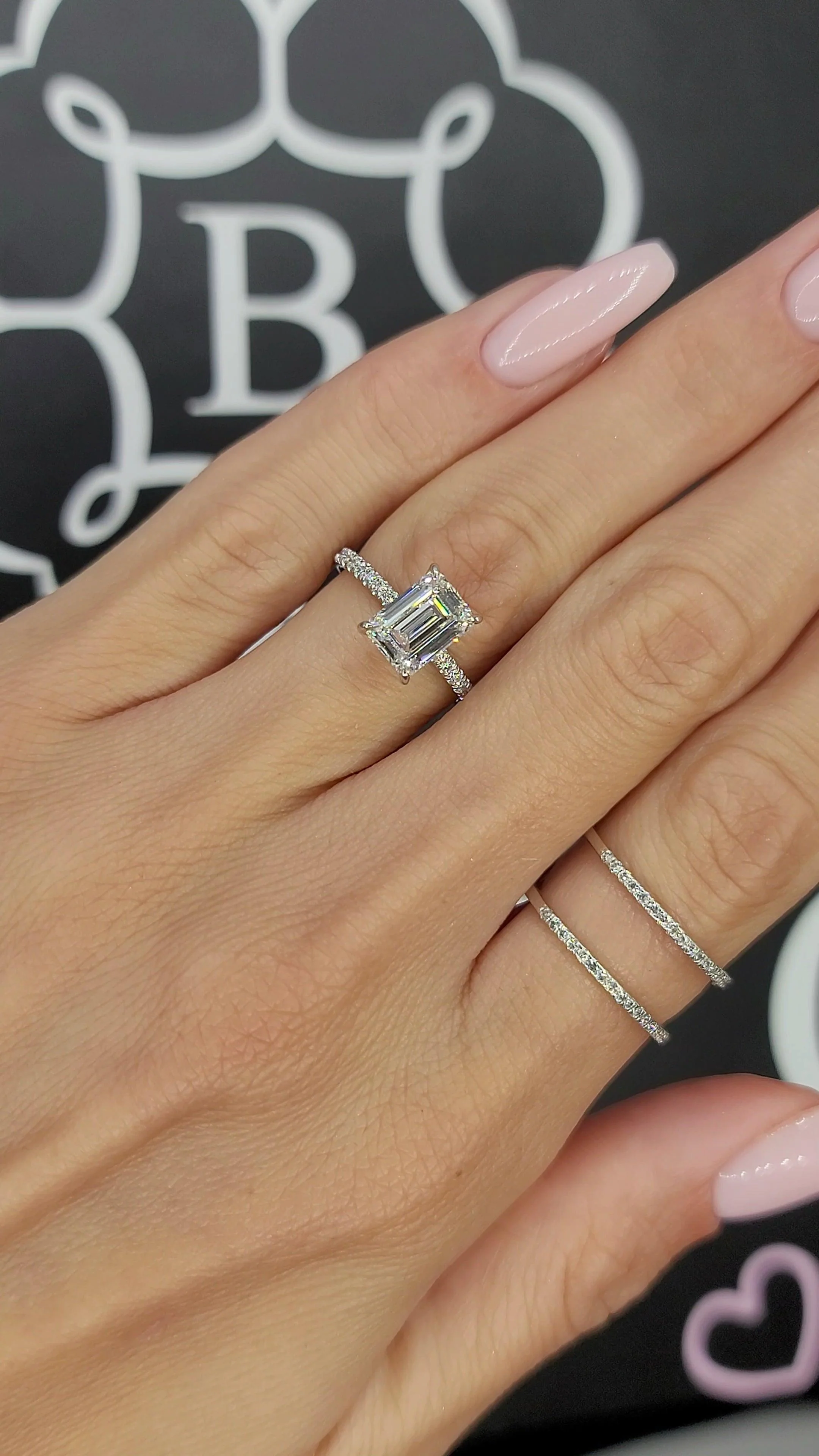 2.52 Carats Lab Grown Emerald Cut Micropaved Side Stones Hidden Halo Diamond Engagement Ring - Image 3