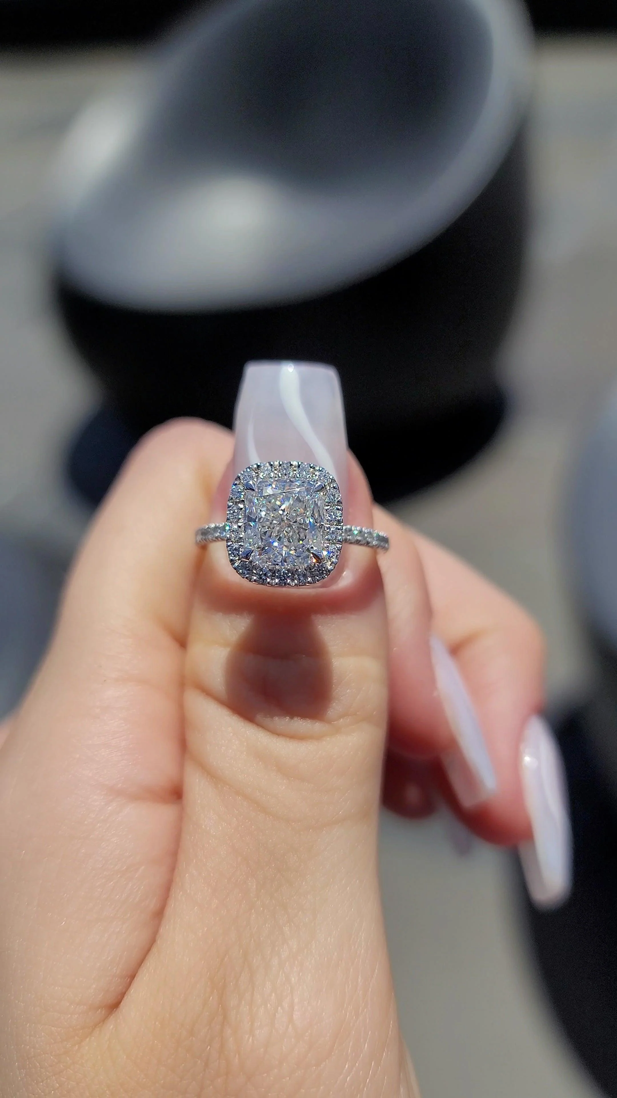 2.68 Carats Lab Grown Cushion Cut Micropaved Halo Side Stones Diamond Engagement Ring - Image 4