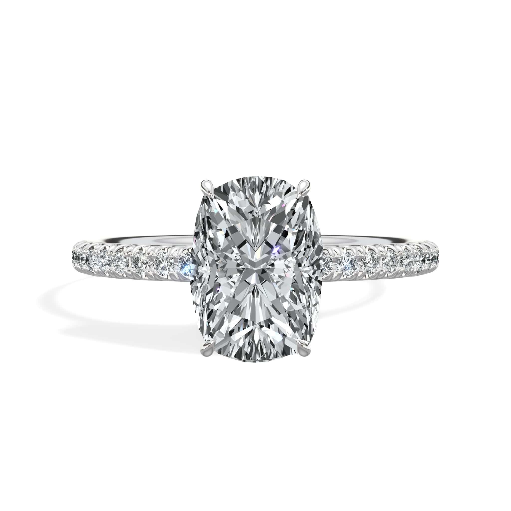 2 Carat Lab Grown Elongated Cushion Cut Micropaved Side Stones Hidden Halo Diamond Engagement Ring