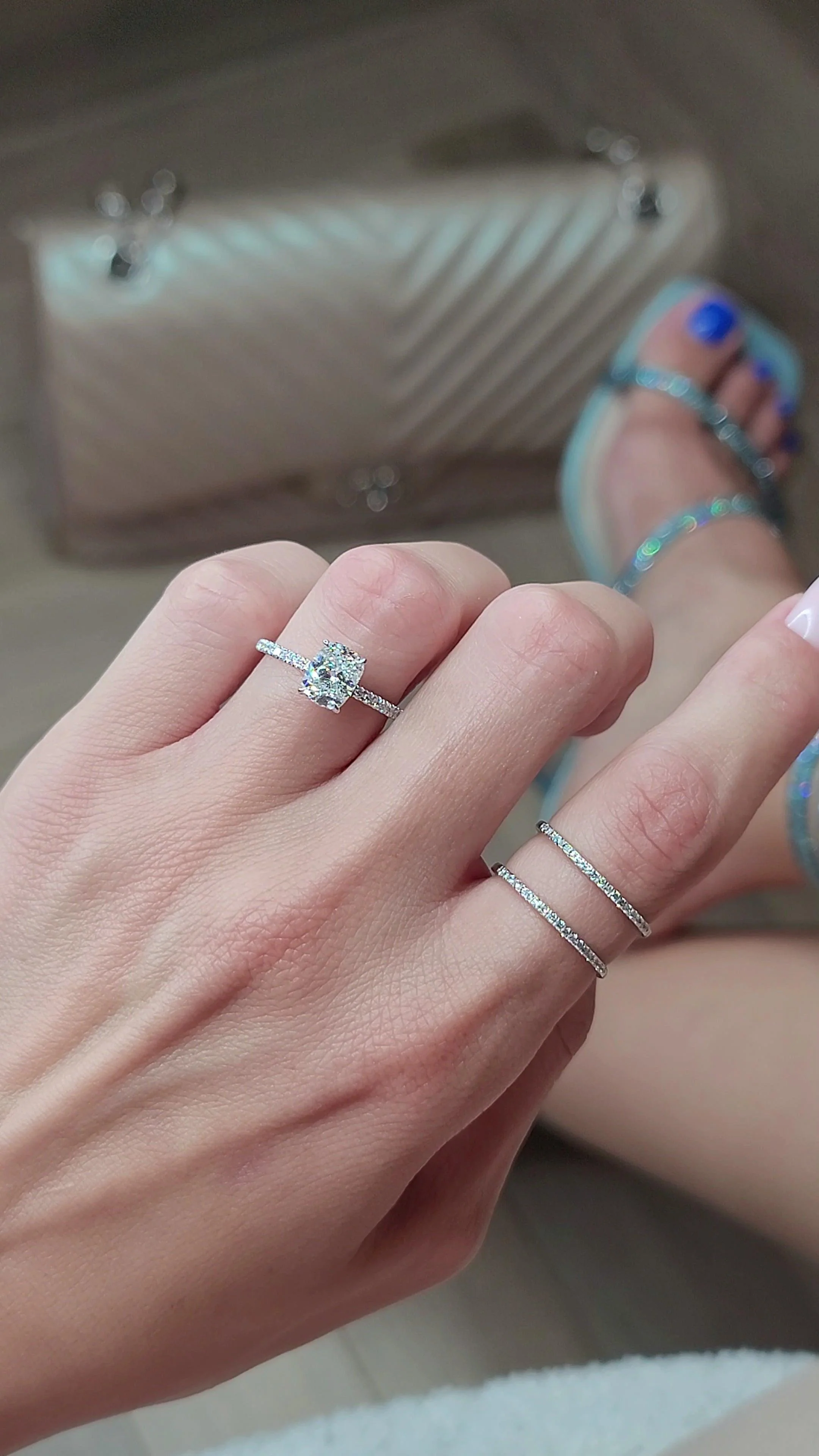 2 Carat Lab Grown Elongated Cushion Cut Micropaved Side Stones Hidden Halo Diamond Engagement Ring - Image 2