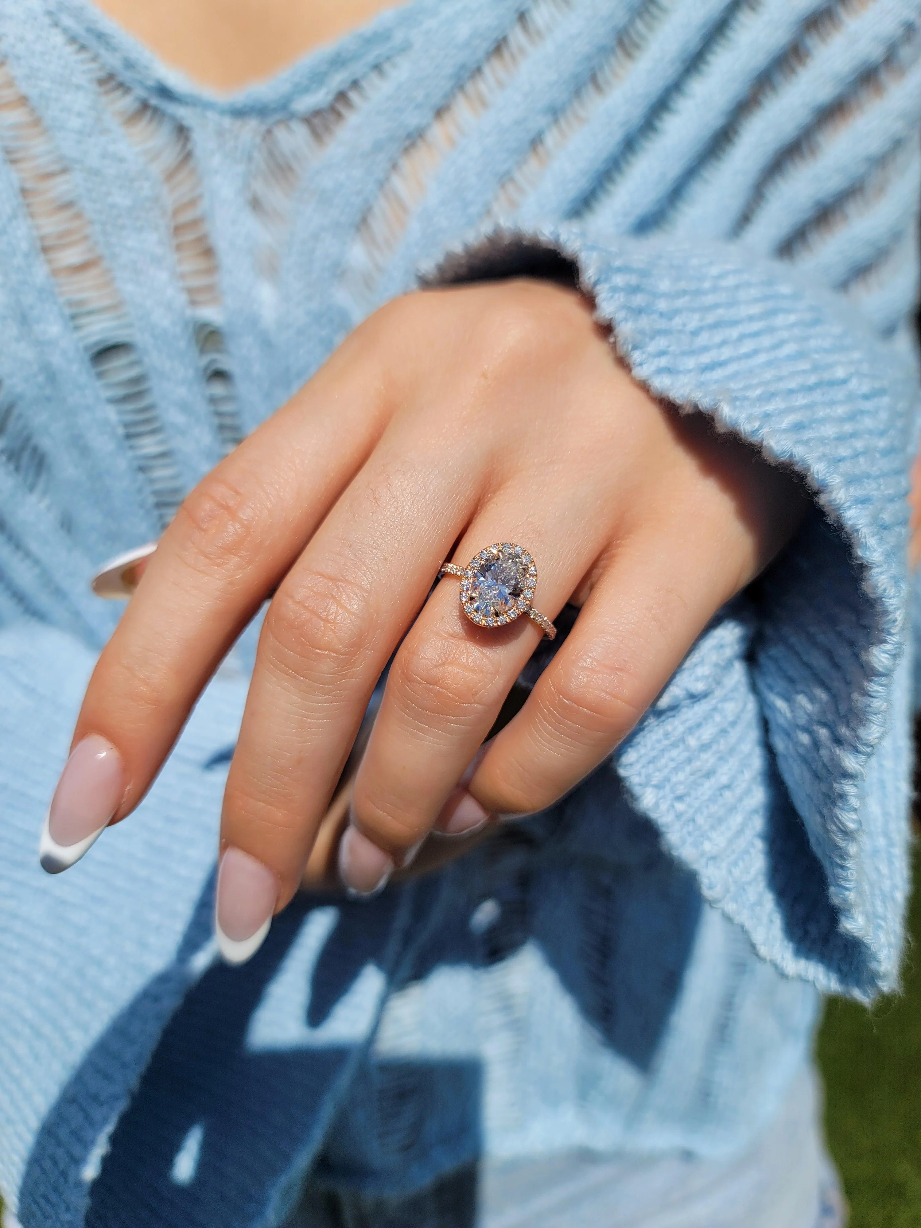 2 Carat Lab Grown Oval Cut Micropave Halo Side Stones Diamond Engagement Ring - Image 2