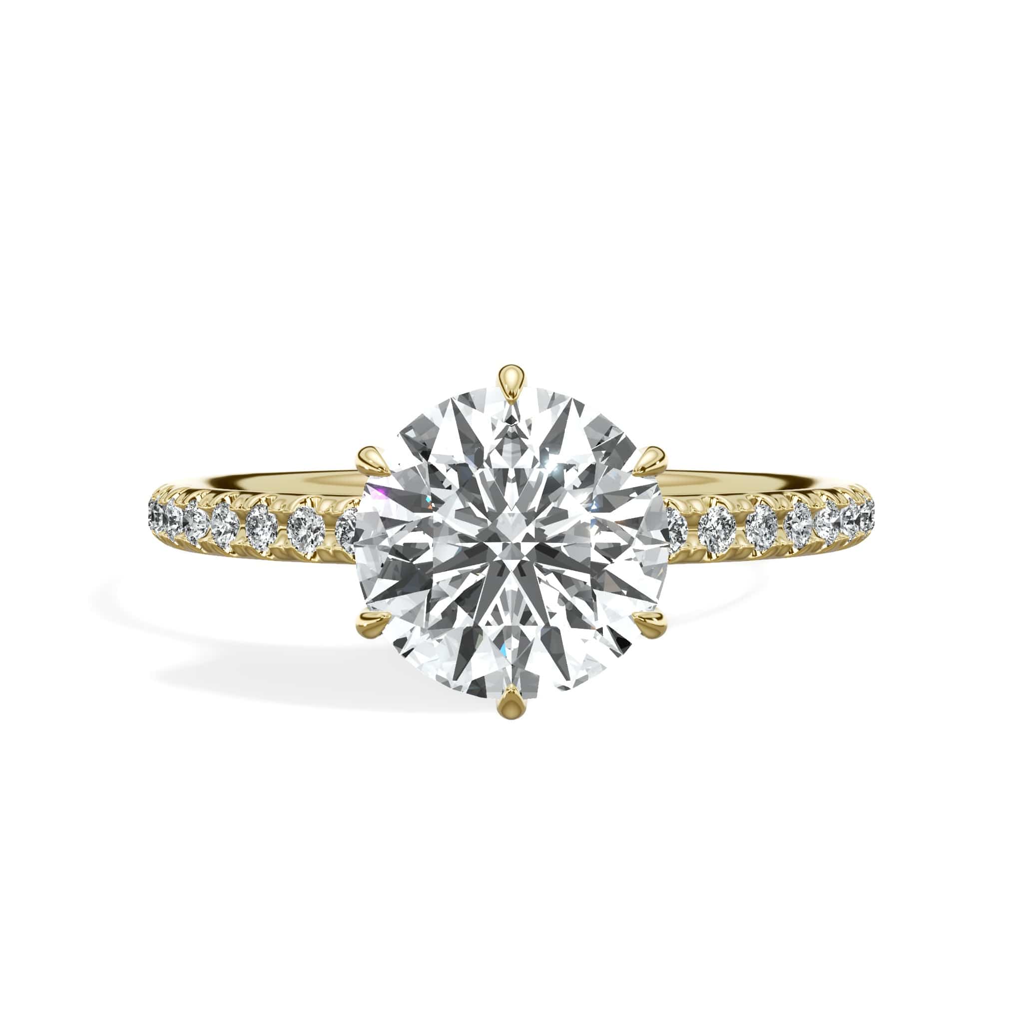 2 Carats Lab Grown Round Brilliant Cut Micropave Side Stones Accented Prongs Diamond Engagement Ring in Yellow Gold