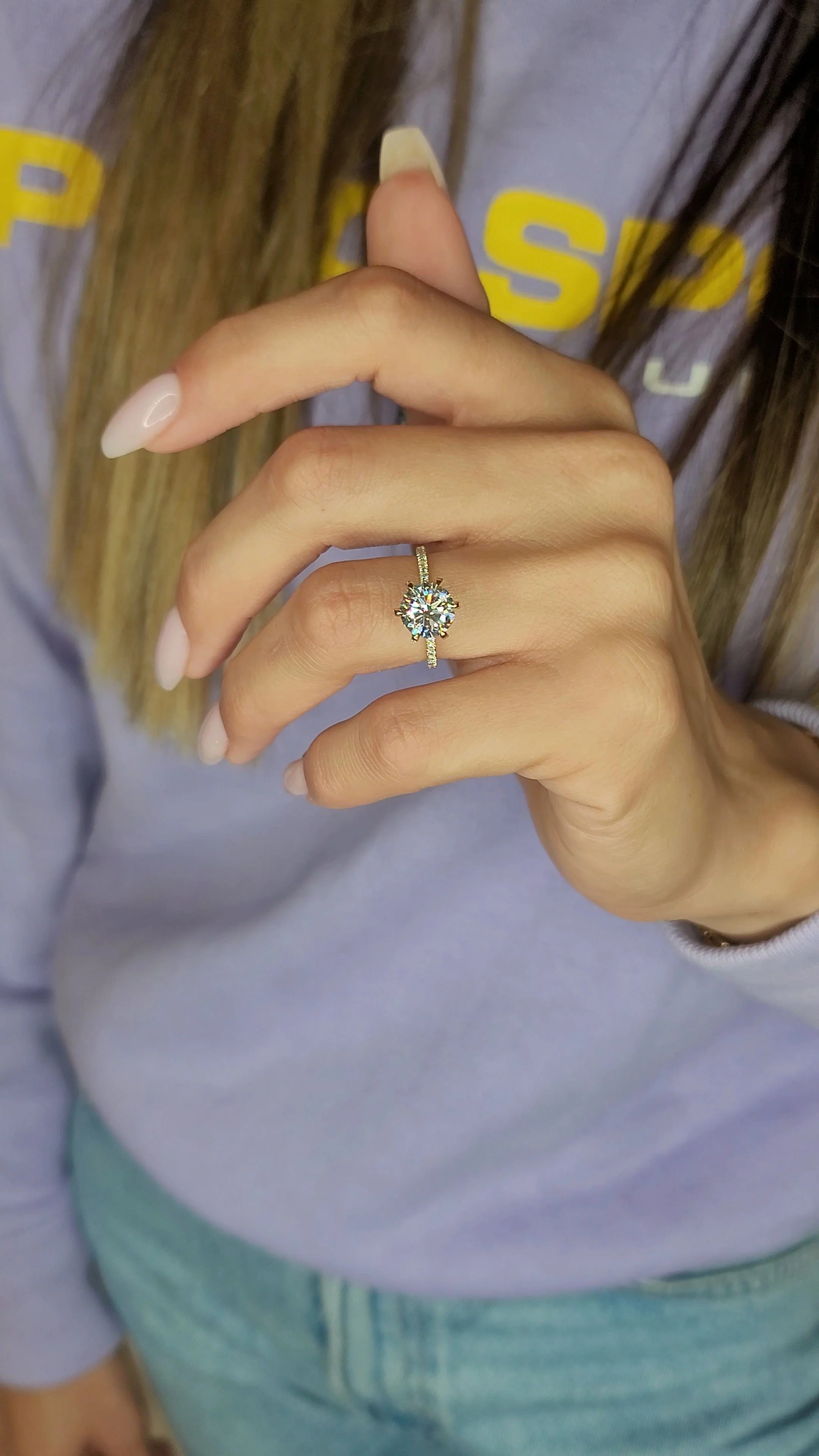 2 Carats Lab Grown Round Brilliant Cut Micropave Side Stones Accented Prongs Diamond Engagement Ring in Yellow Gold - Image 2