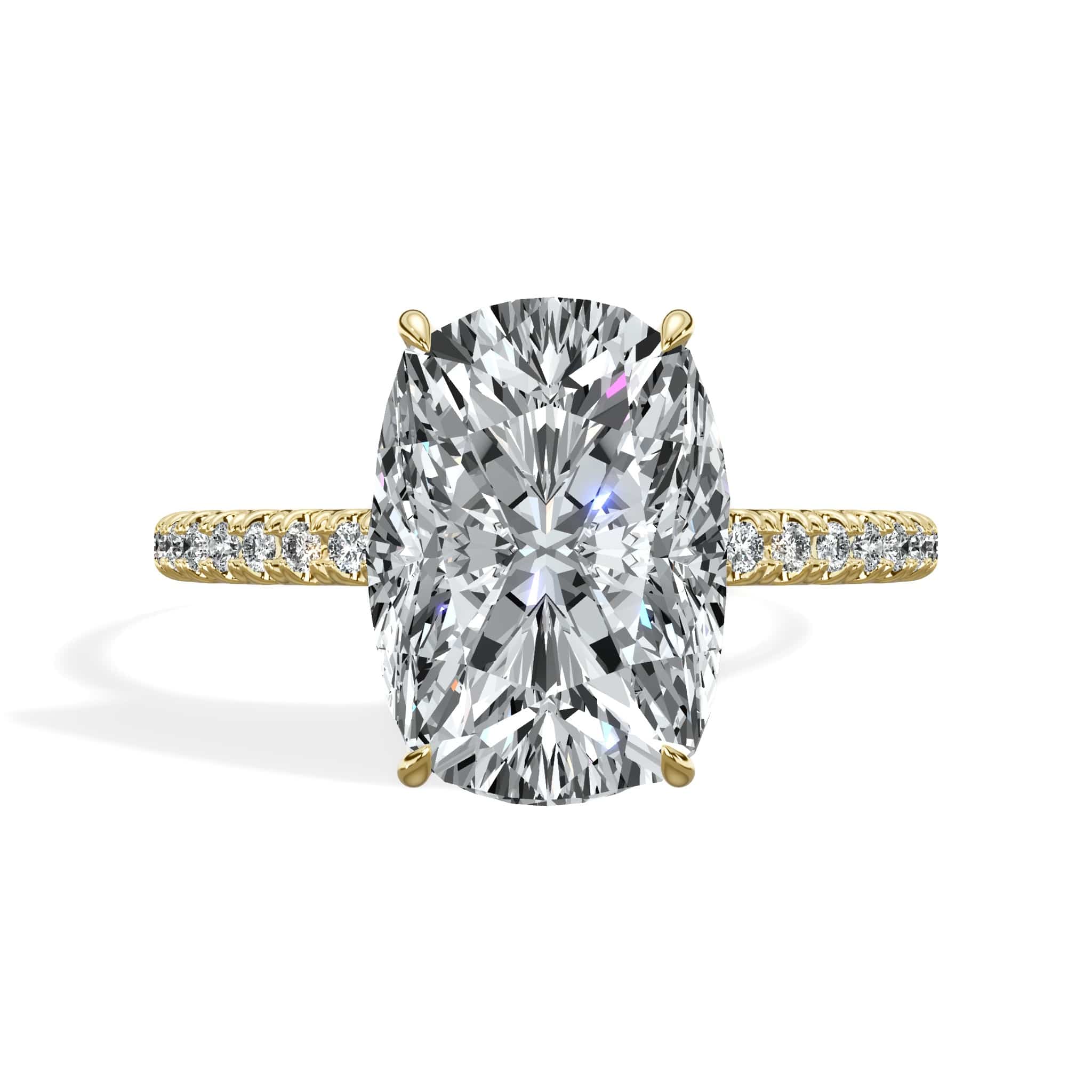 3 Carat Lab Grown Elongated Cushion Cut Micropaved Side Stones Hidden Halo Diamond Engagement Ring Yellow Gold
