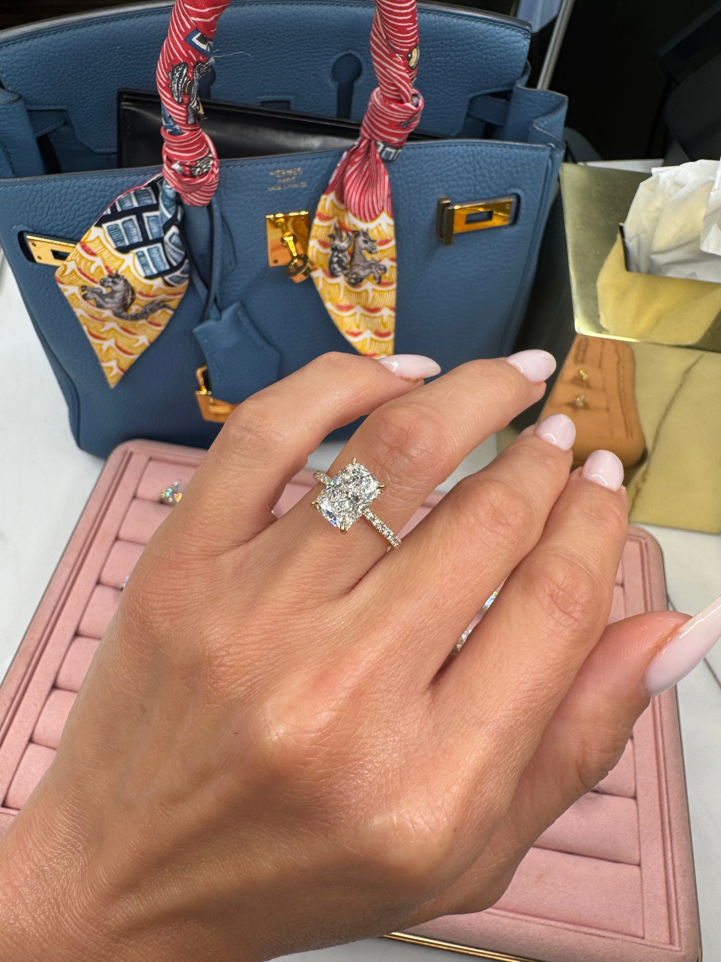 3 Carat Lab Grown Elongated Cushion Cut Micropaved Side Stones Hidden Halo Diamond Engagement Ring Yellow Gold - Image 2
