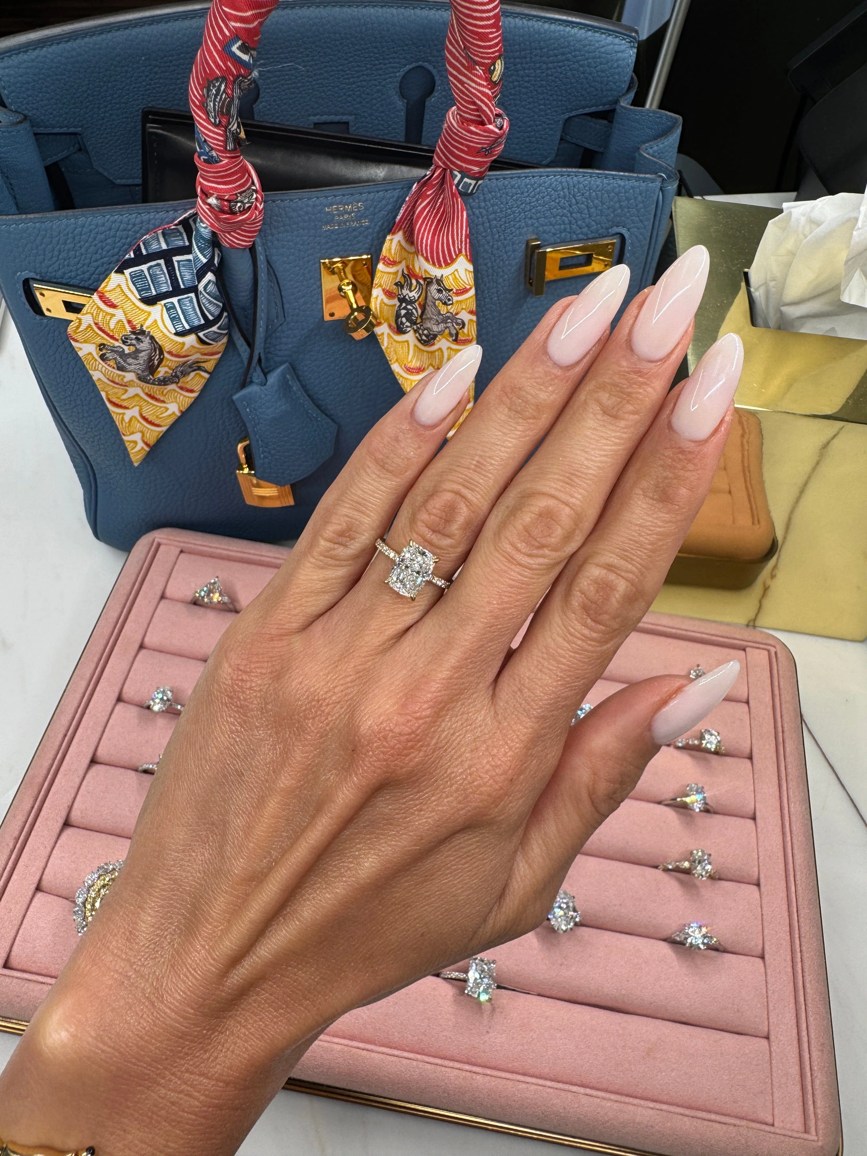 3 Carat Lab Grown Elongated Cushion Cut Micropaved Side Stones Hidden Halo Diamond Engagement Ring Yellow Gold - Image 3