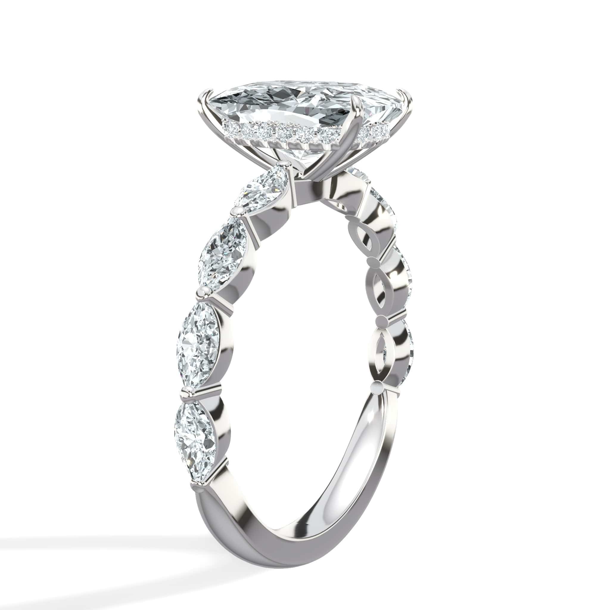 3 Carats Lab Grown Elongated Cushion Cut with Marquise Side Stones Hidden Halo Diamond Engagement Ring - Image 2
