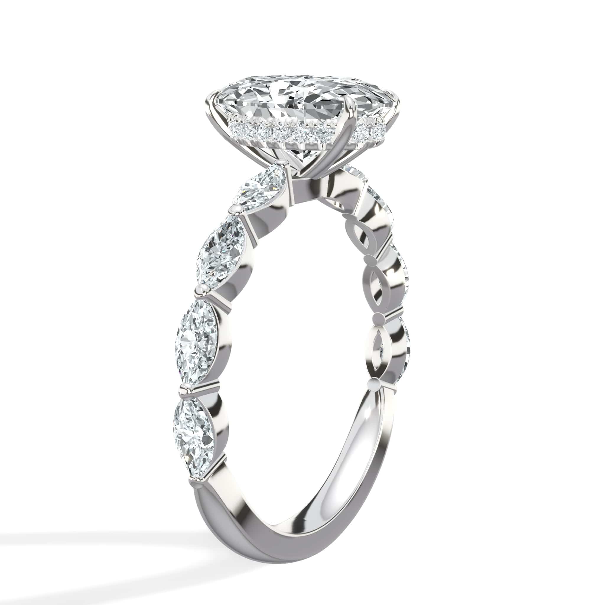3 Carat Lab Grown Oval Cut with Marquise Side Stones Hidden Halo Diamond Engagement Ring - Image 3