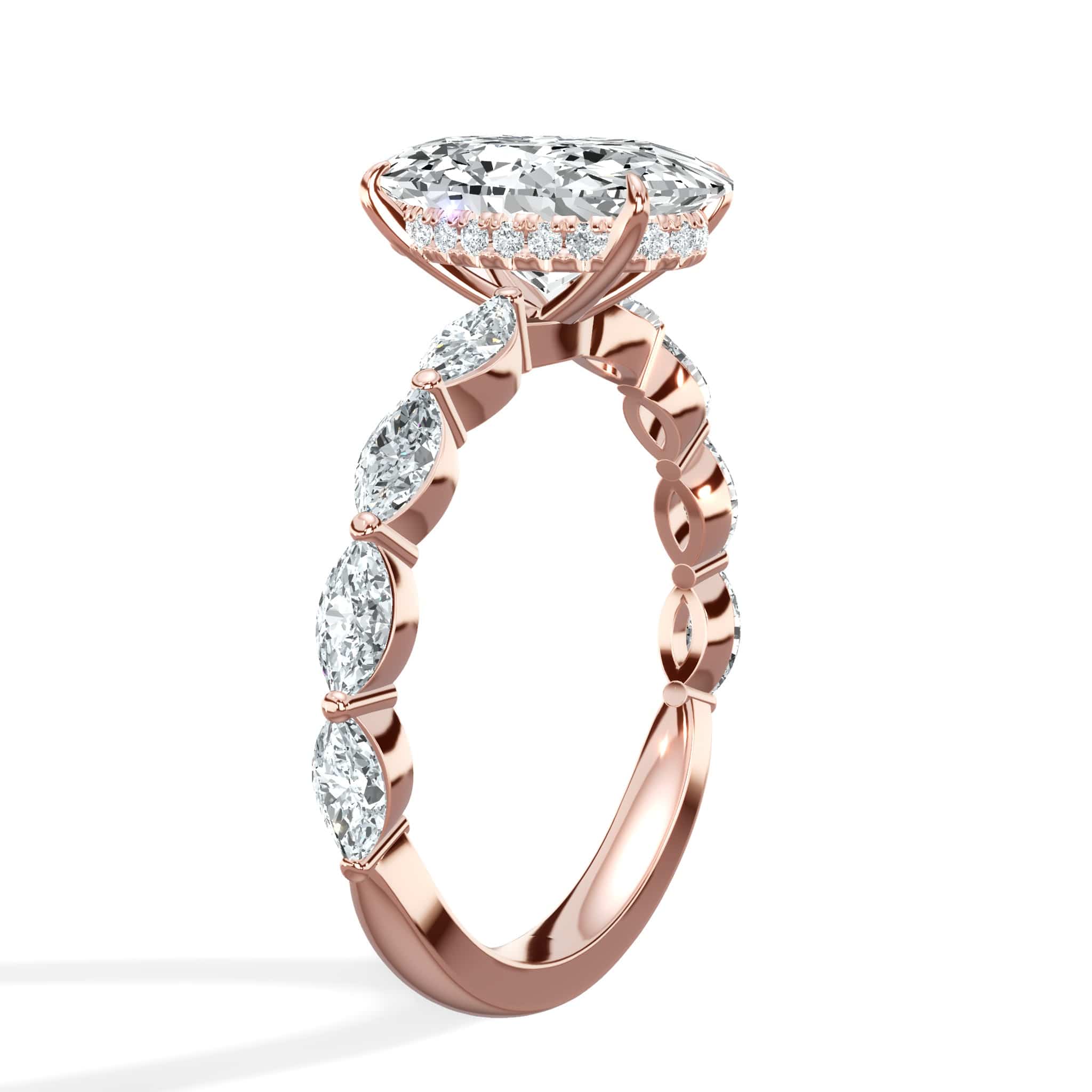 3.00 Carats Lab Grown Oval Cut with Marquise Side Stones Hidden Halo Diamond Engagement Ring - Image 3