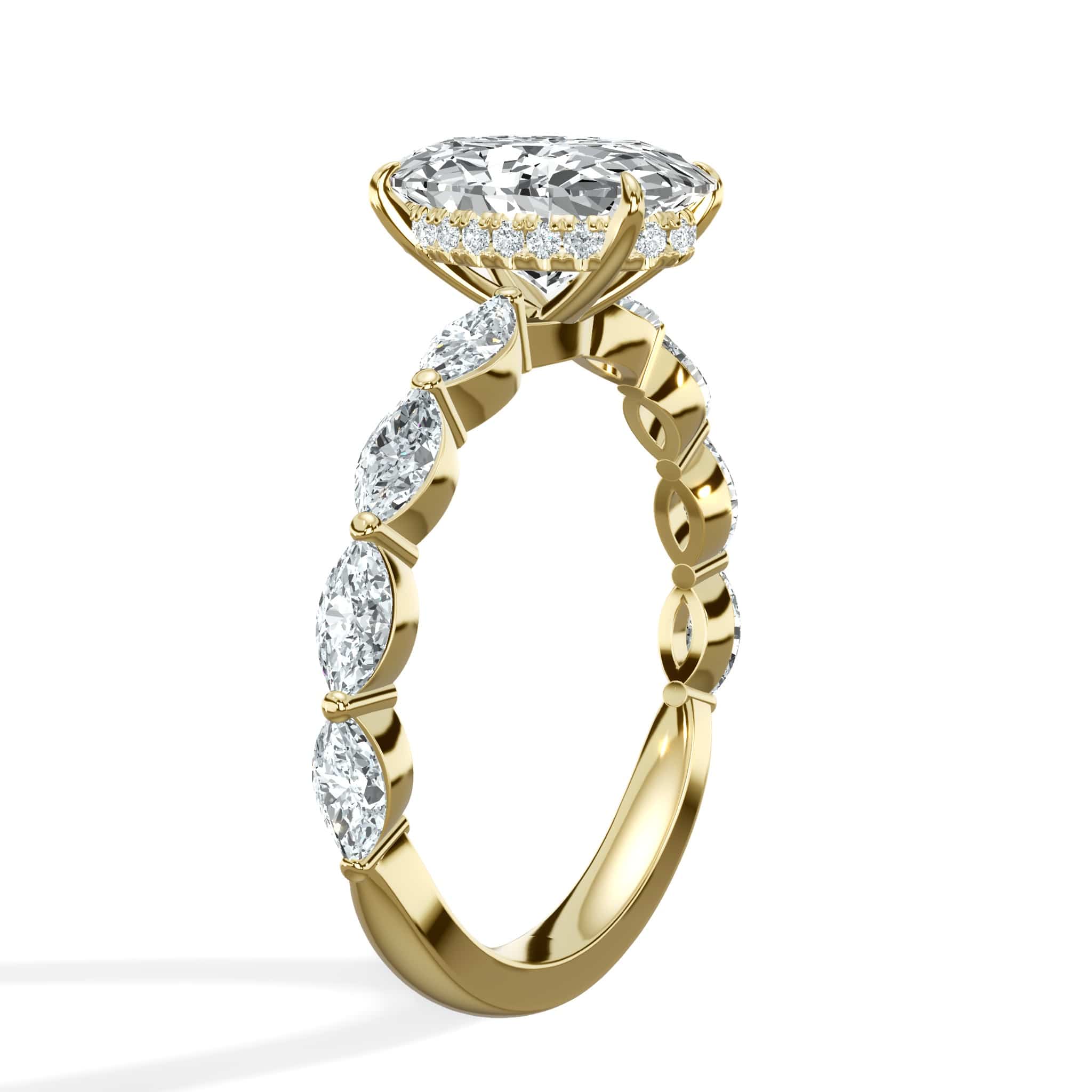 3 Carat Lab Grown Oval Cut with Marquise Side Stones Hidden Halo Diamond Engagement Ring - Image 3