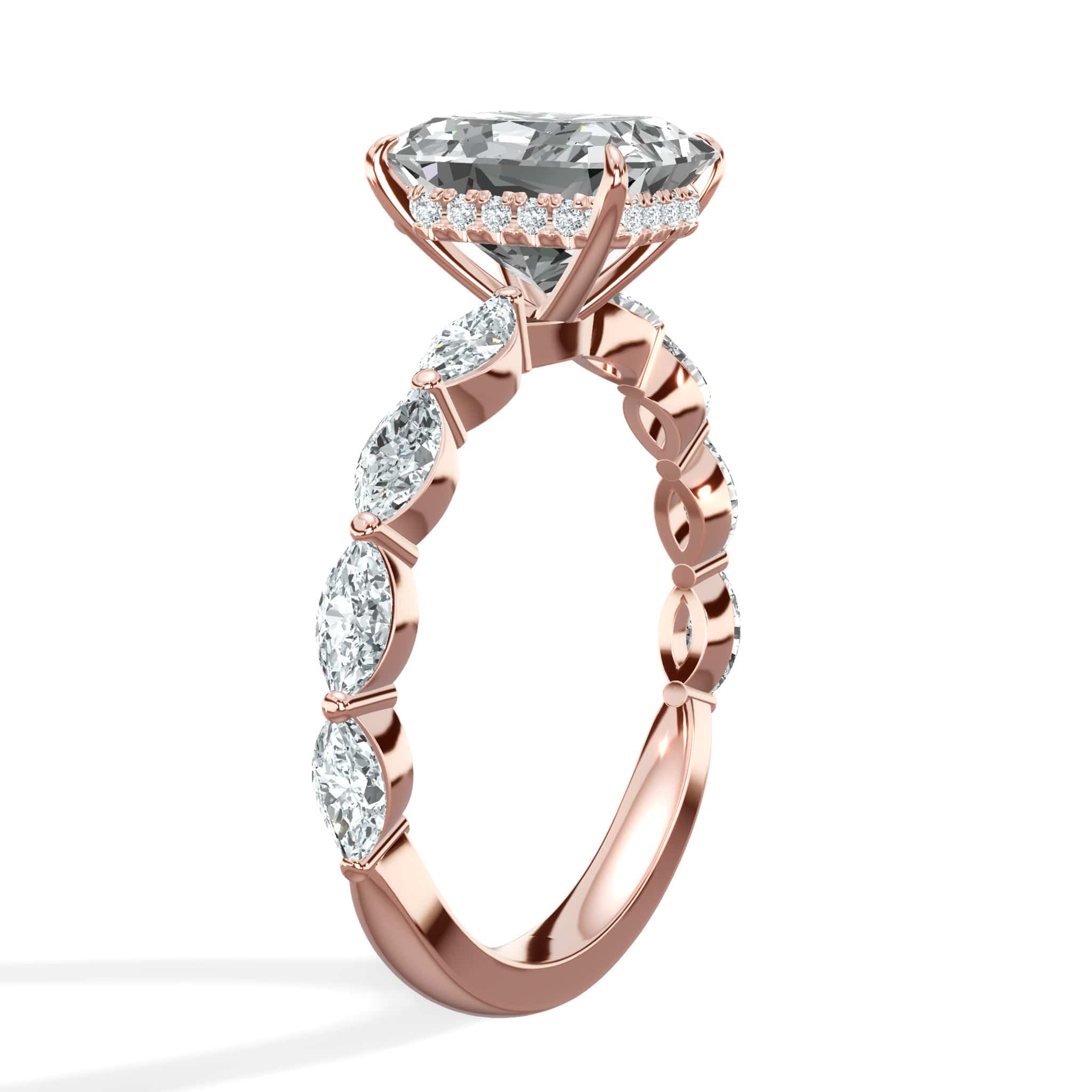 3.00 Carats Lab Grown Radiant Cut with Marquise Side Stones Hidden Halo Diamond Engagement Ring Rose Gold - Image 3