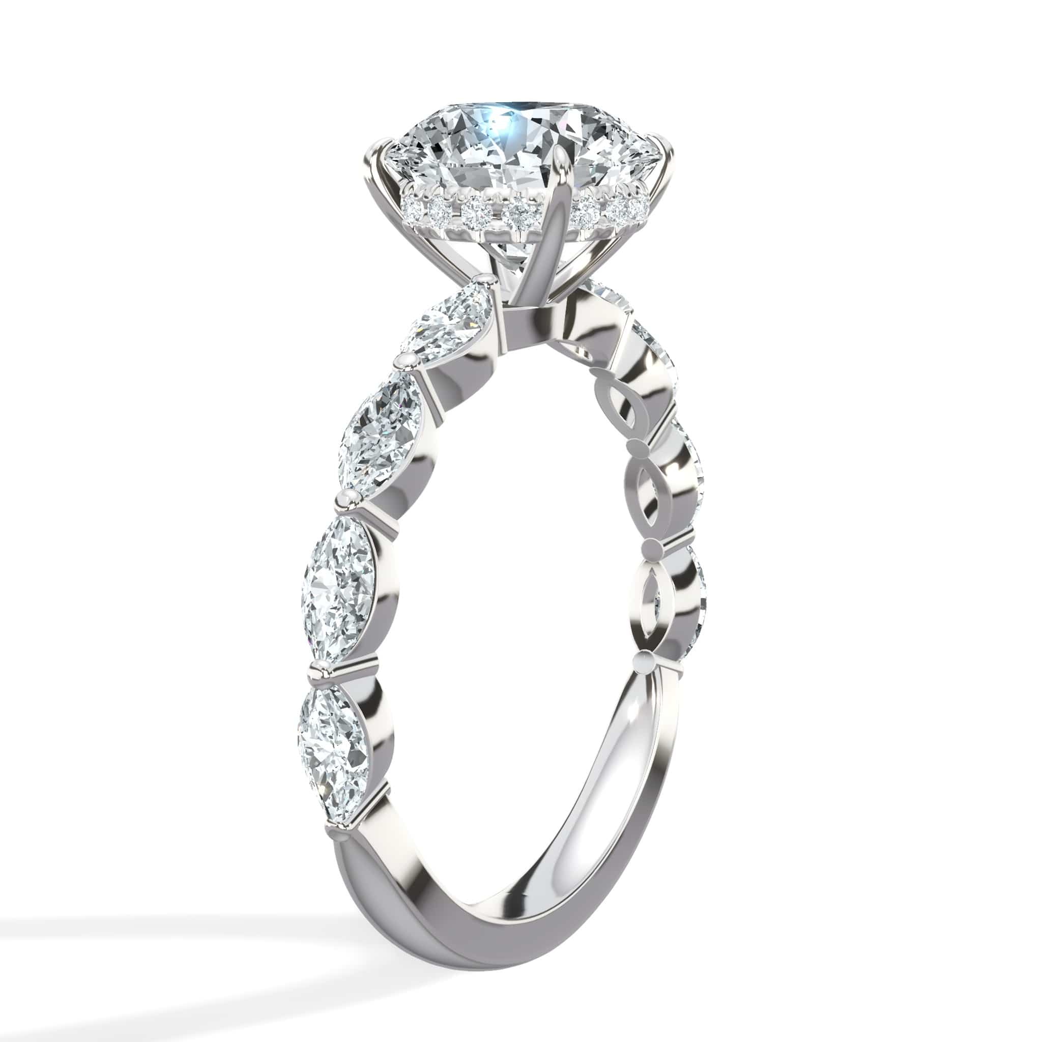 3.00 Carats Lab Grown Round Cut with Marquise Side Stones Hidden Halo Diamond Engagement Ring White Gold - Image 4