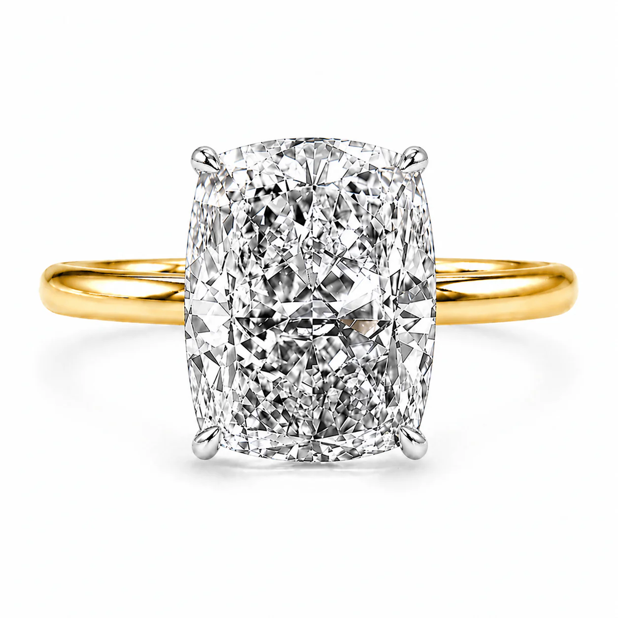 3.18 Carats Lab Grown Elongated Cushion Cut Two Tone Solitaire Hidden Halo Diamond Engagement Ring