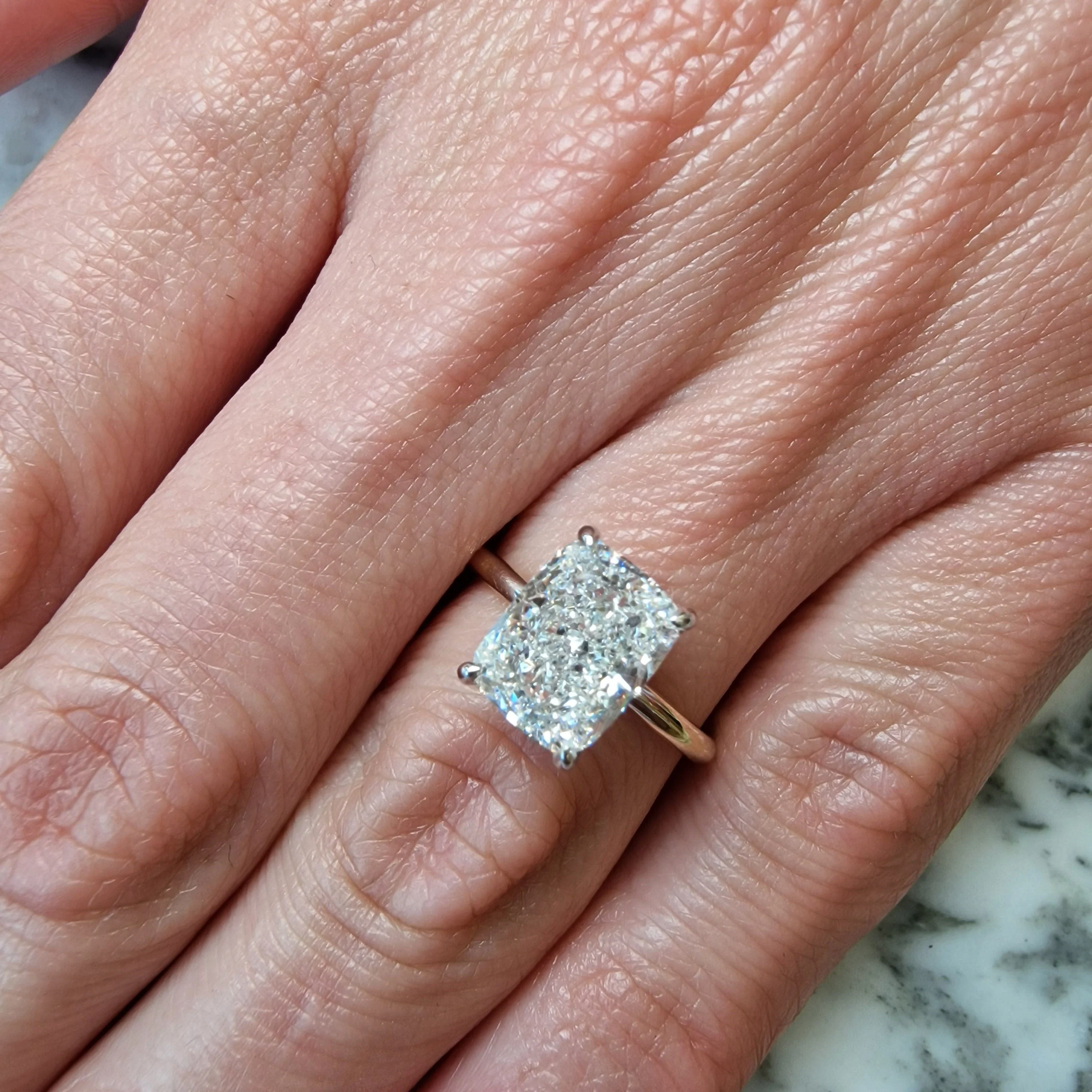 3.18 Carats Lab Grown Elongated Cushion Cut Two Tone Solitaire Hidden Halo Diamond Engagement Ring - Image 2