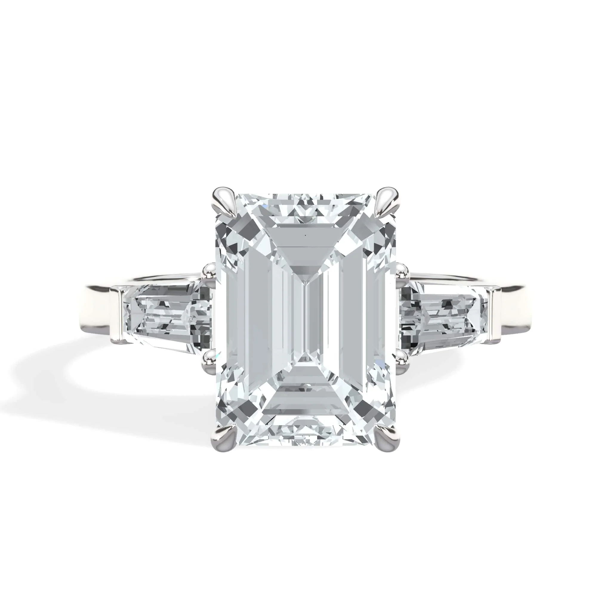3.39 Carats Lab Grown Emerald Cut with Baguettes Three Stone Diamond Engagement Ring