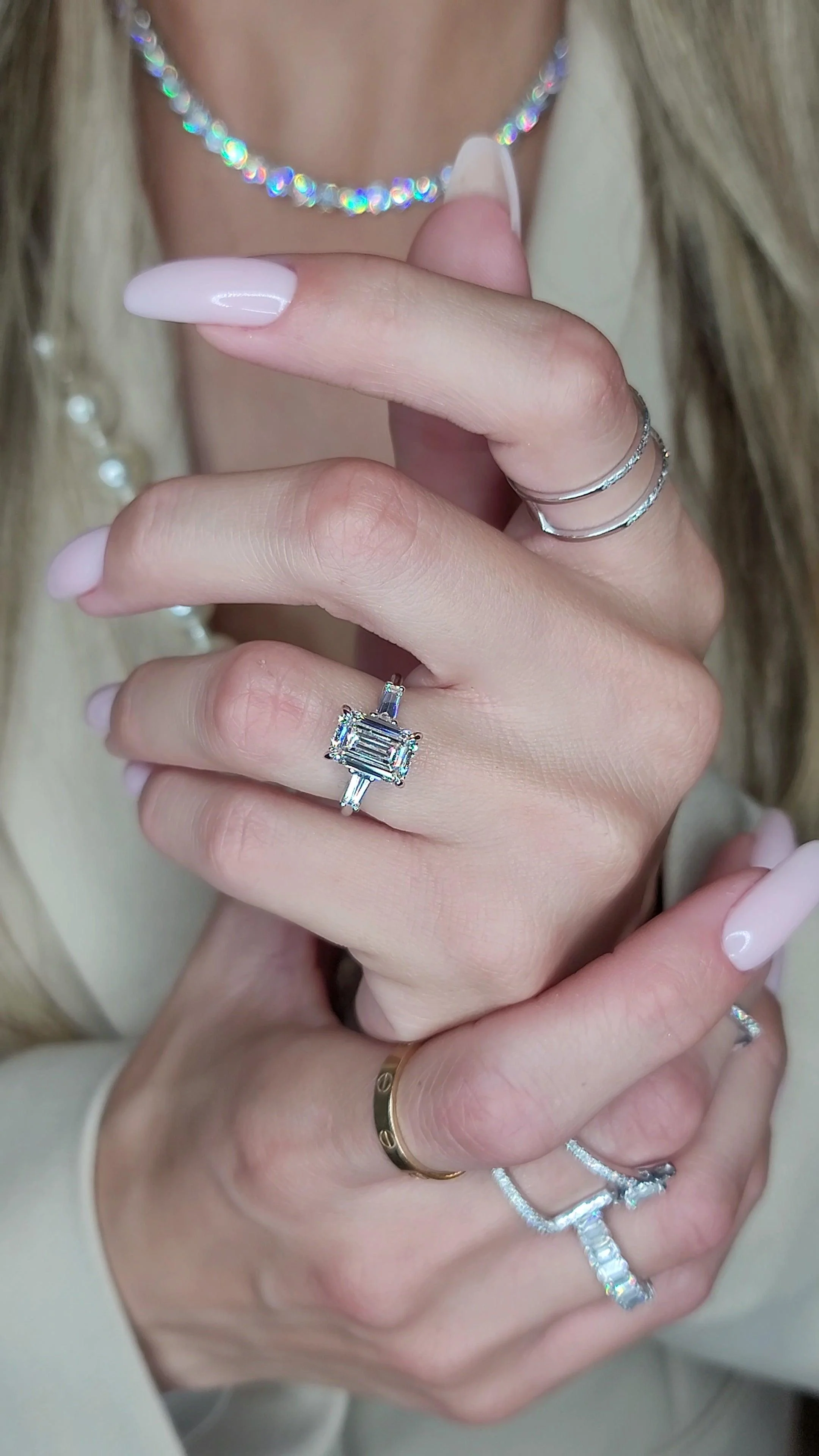3.39 Carats Lab Grown Emerald Cut with Baguettes Three Stone Diamond Engagement Ring - Image 2