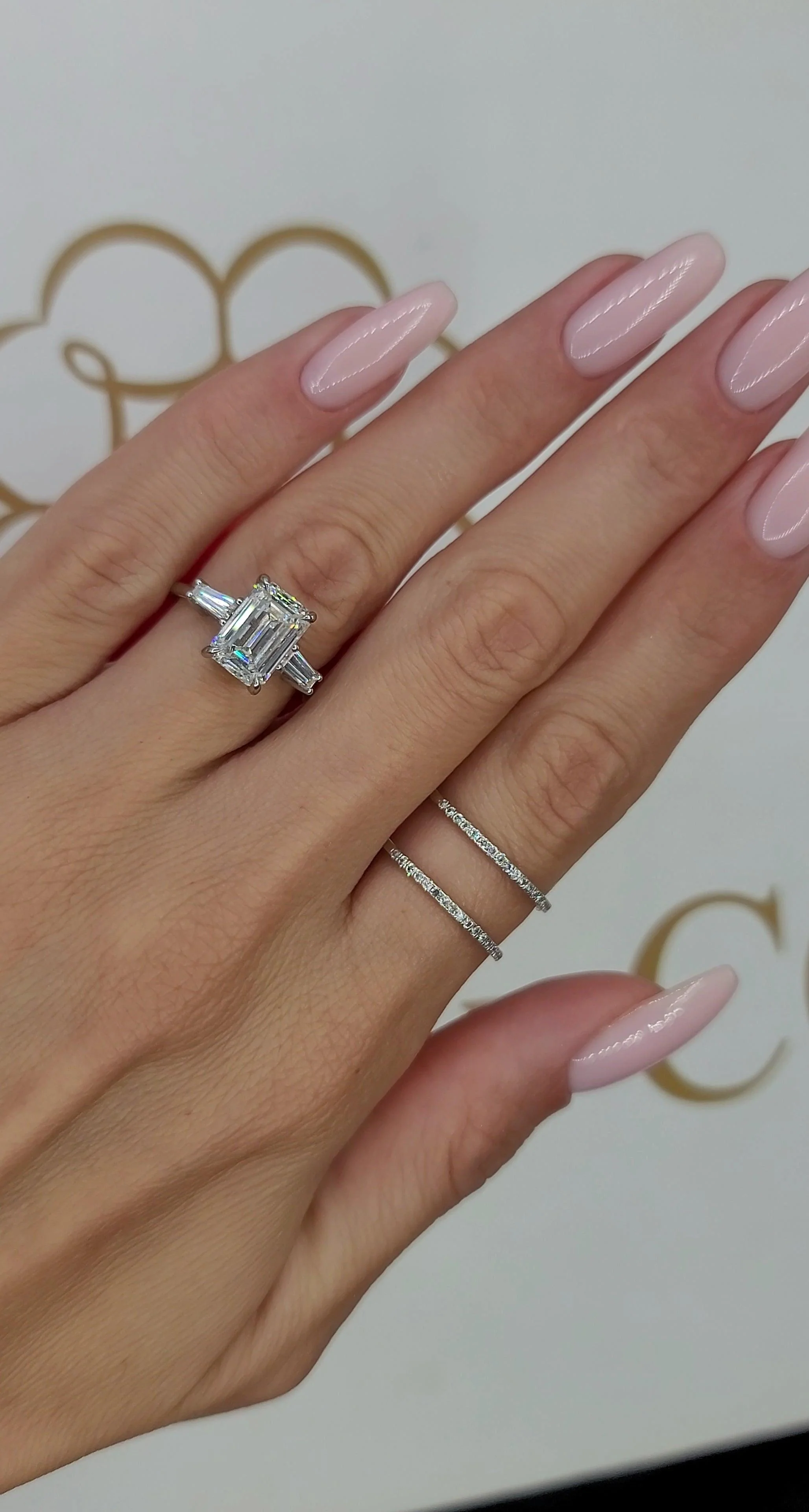 3.39 Carats Lab Grown Emerald Cut with Baguettes Three Stone Diamond Engagement Ring - Image 3