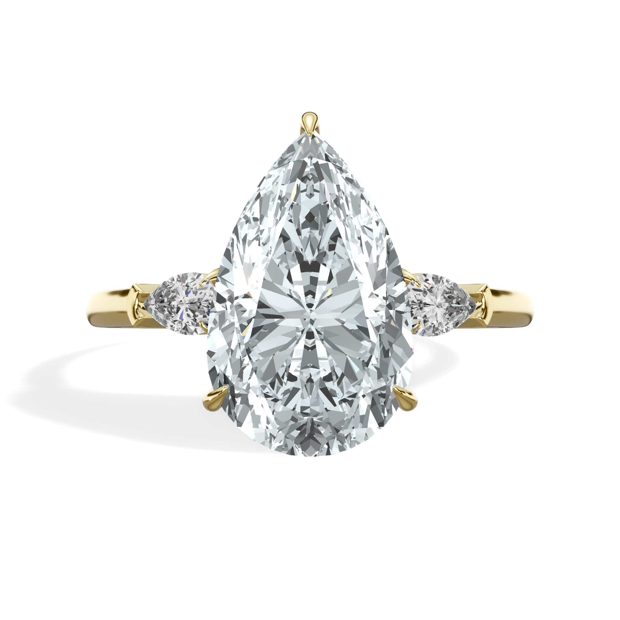 3 Carat Lab Grown Pear Shaped with Pear Shaped Side Stones Diamond Engagement Ring in Yellow Gold