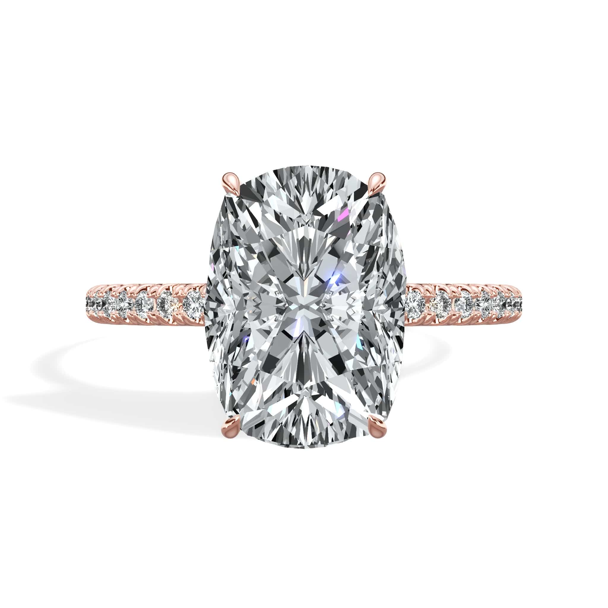 3.50 Carats Lab Grown Elongated Cushion Cut Micropaved Side Stones Hidden Halo Diamond Engagement Ring Rose Gold