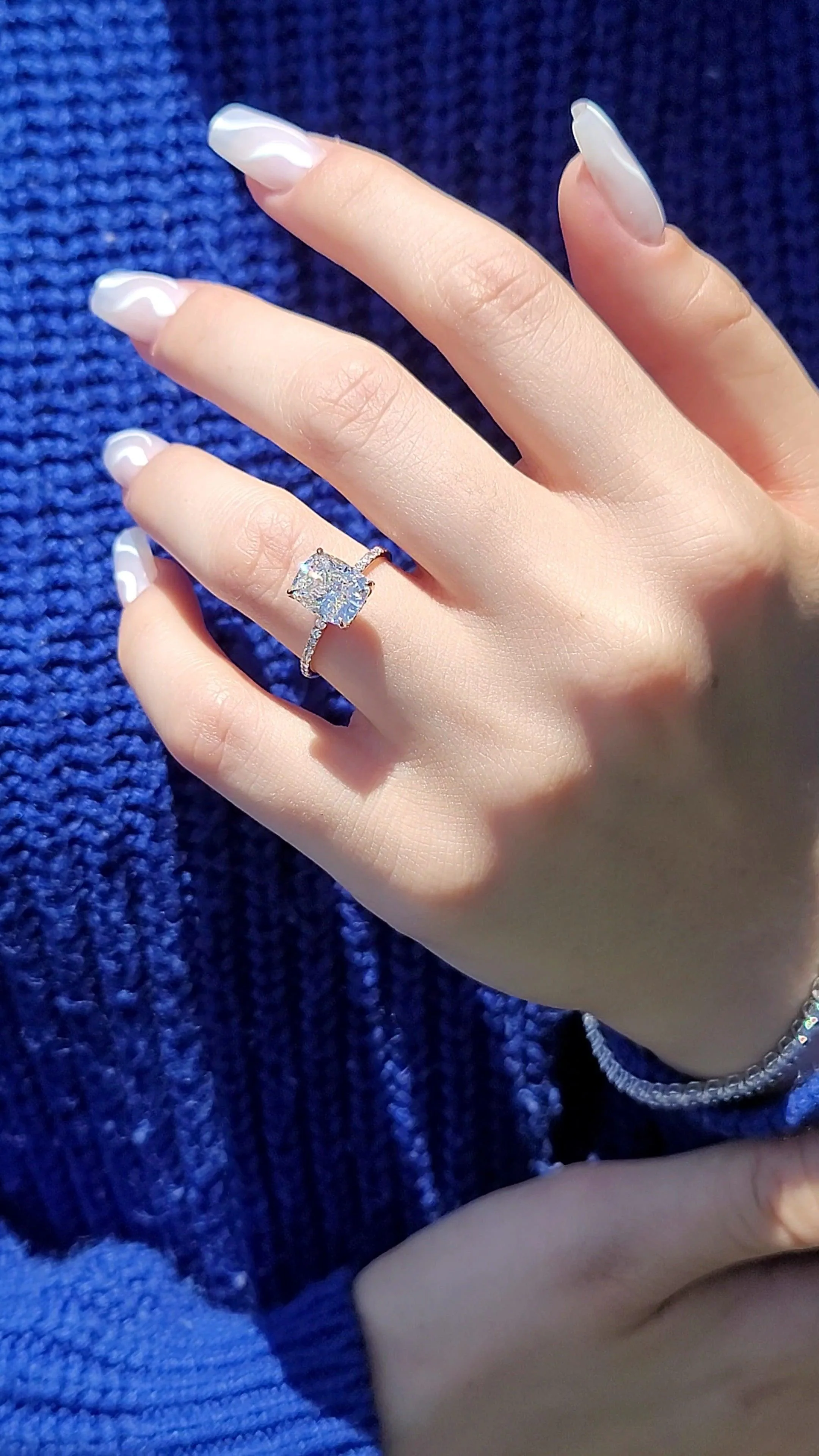 3.50 Carats Lab Grown Elongated Cushion Cut Micropaved Side Stones Hidden Halo Diamond Engagement Ring Rose Gold - Image 2