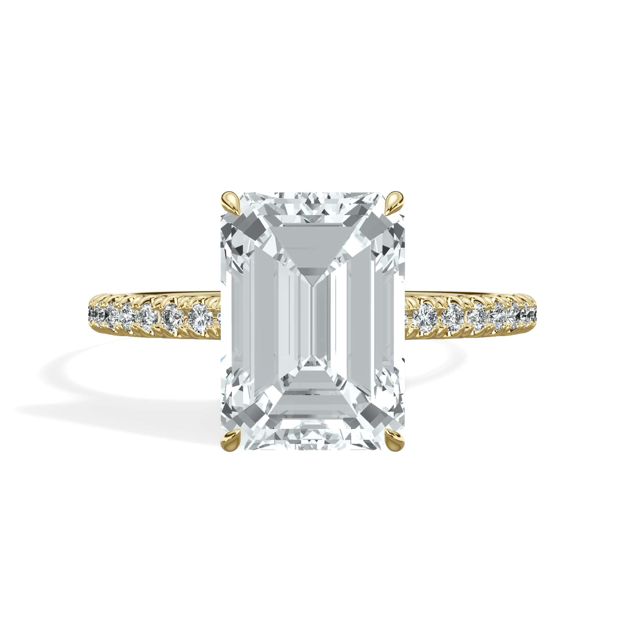 3.50 Carats Lab Grown Emerald Cut Micropaved Side Stones Hidden Halo Diamond Engagement Ring