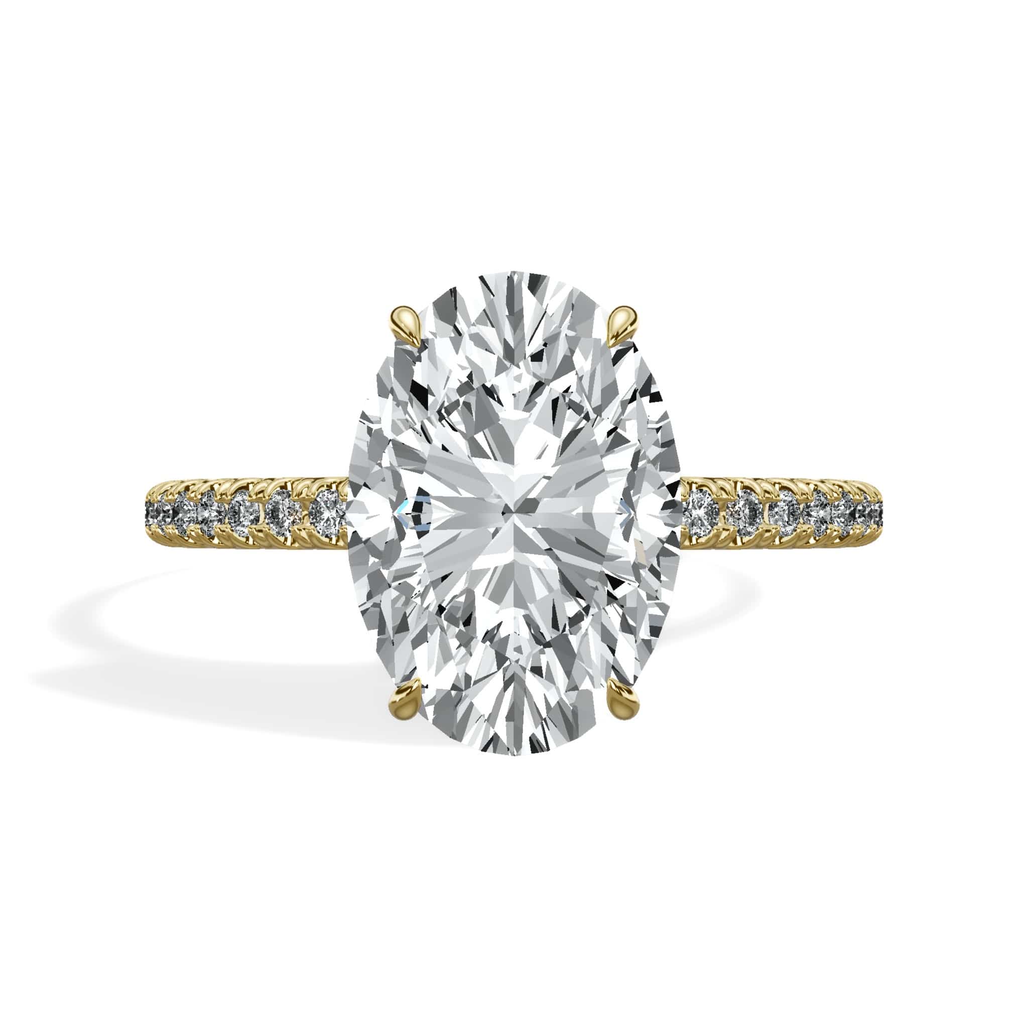 3.50 Carats Lab Grown Oval Cut Micropaved Side Stones Hidden Halo Diamond Engagement Ring Yellow Gold