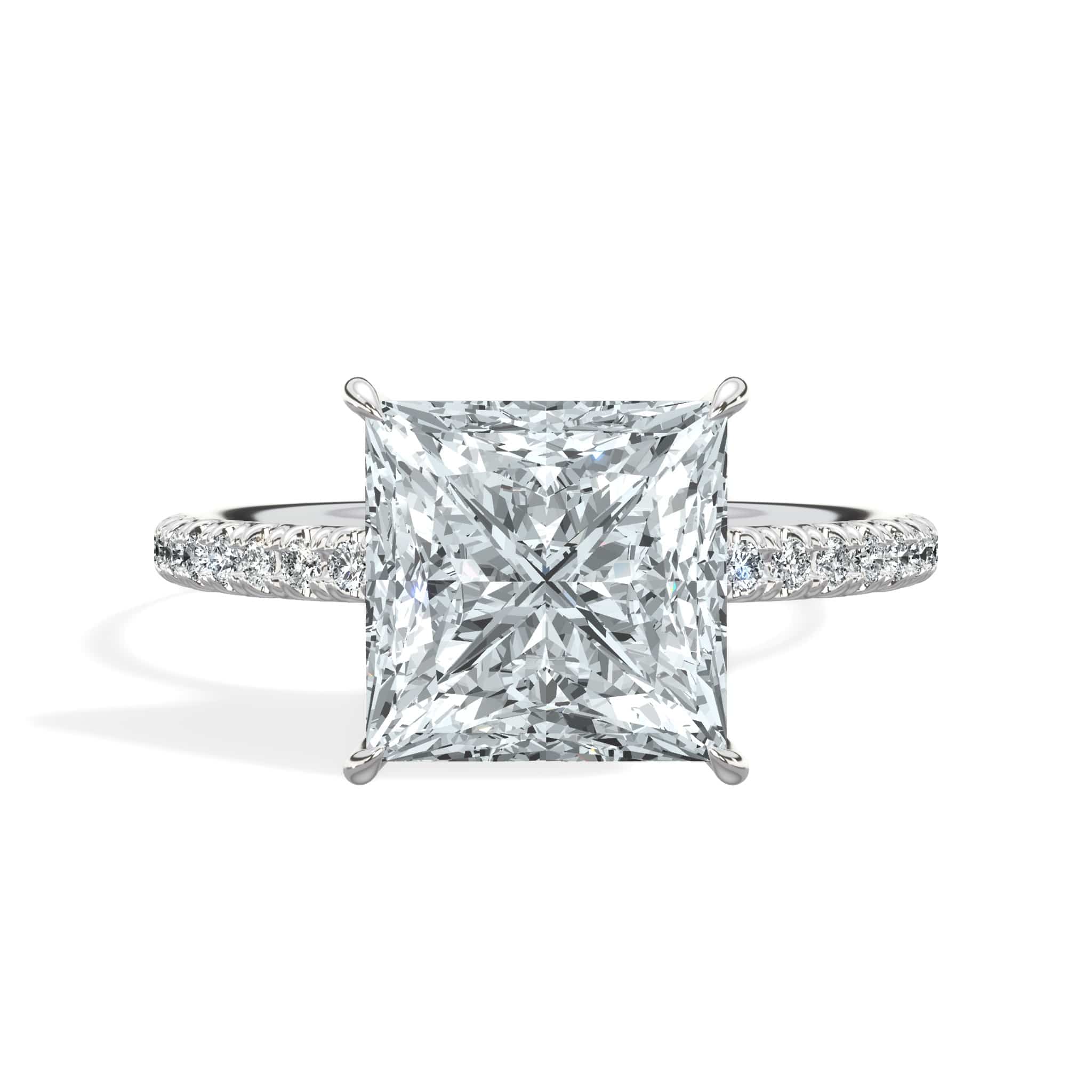 3.50 Carat Lab Grown Princess Cut Micropaved Side Stones Hidden Halo Diamond Engagement Ring