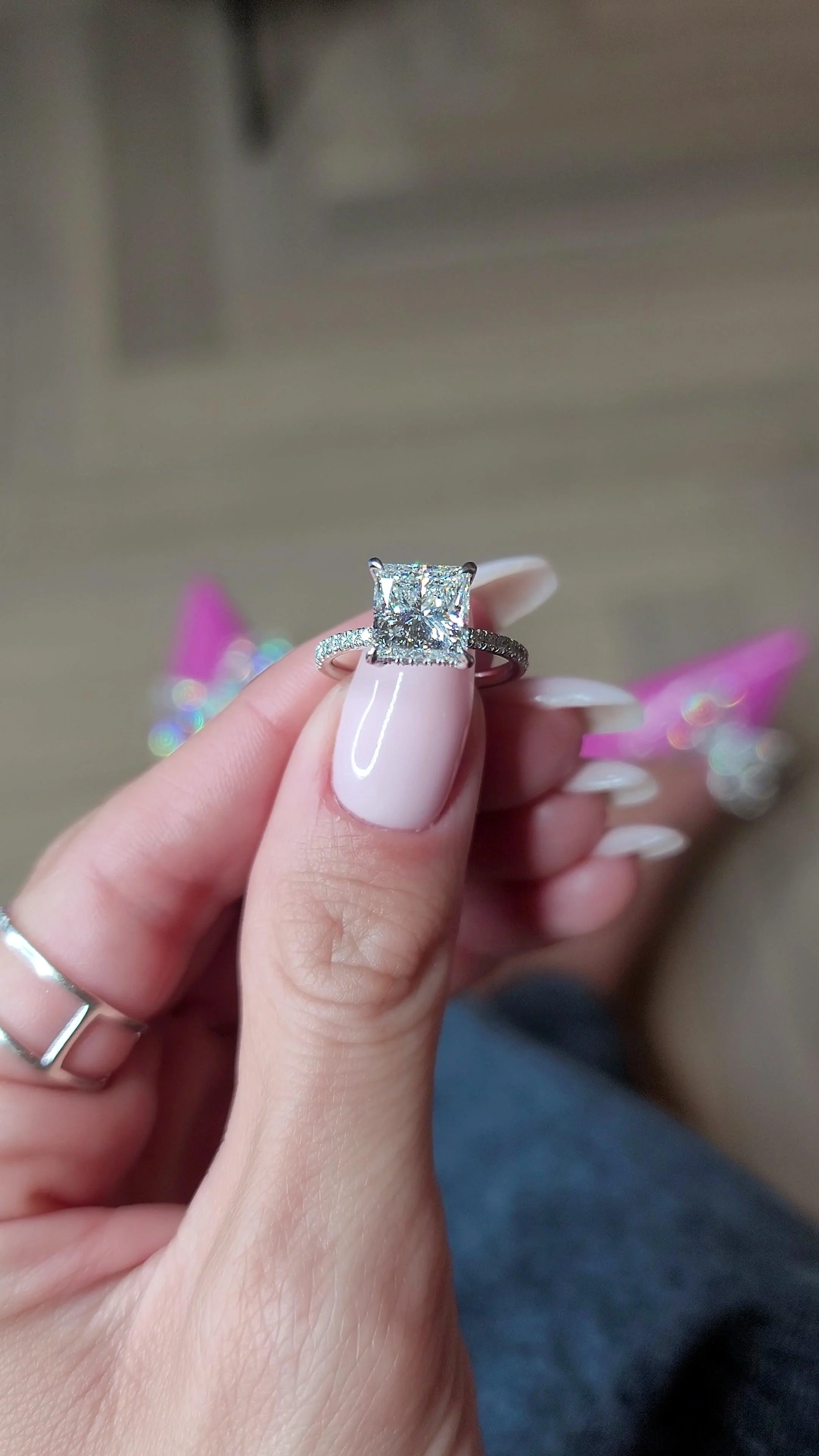 3.50 Carat Lab Grown Princess Cut Micropaved Side Stones Hidden Halo Diamond Engagement Ring - Image 4