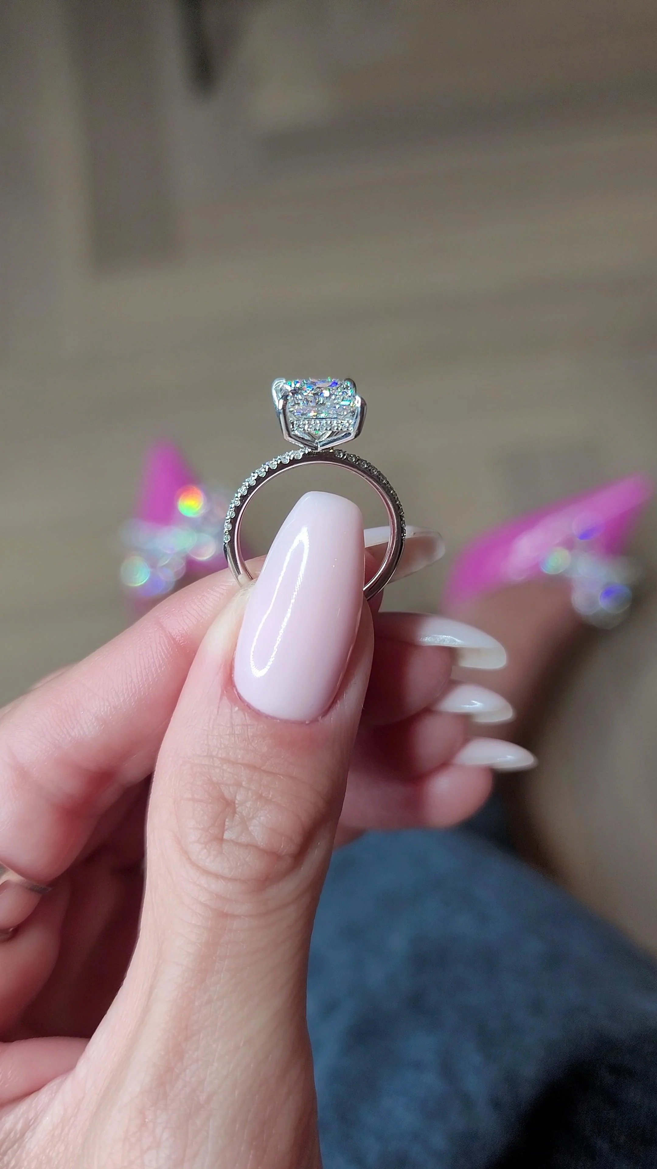3.50 Carat Lab Grown Princess Cut Micropaved Side Stones Hidden Halo Diamond Engagement Ring - Image 5